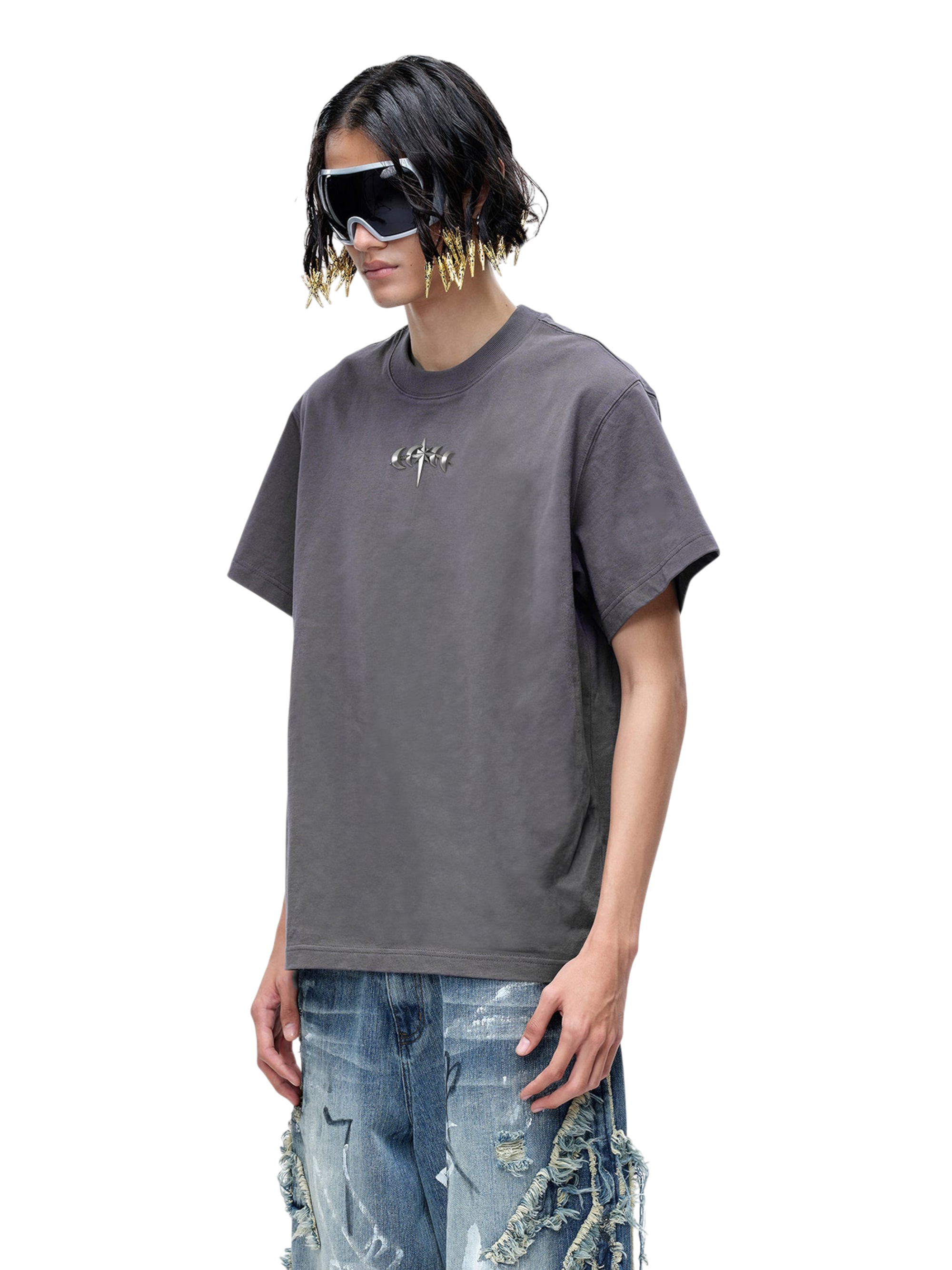 TBHNP Luminous Dawn boxy heavyweight cotton t-shirt with metal astral logo badge — men's streetwear tee