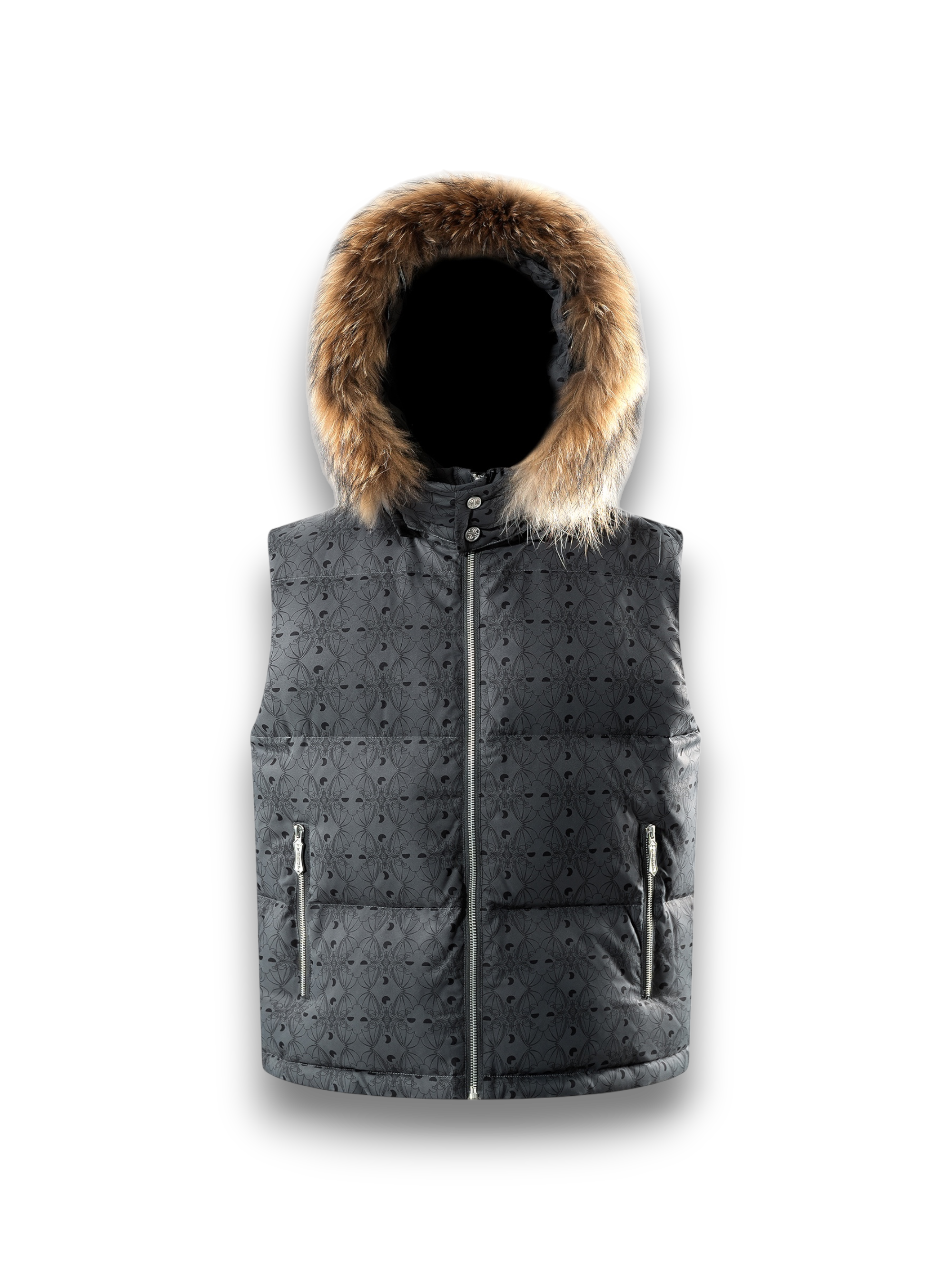 TBHNP Luminous Dawn bat pattern down puffer vest with fur-trim hood in black — men's streetwear gilet