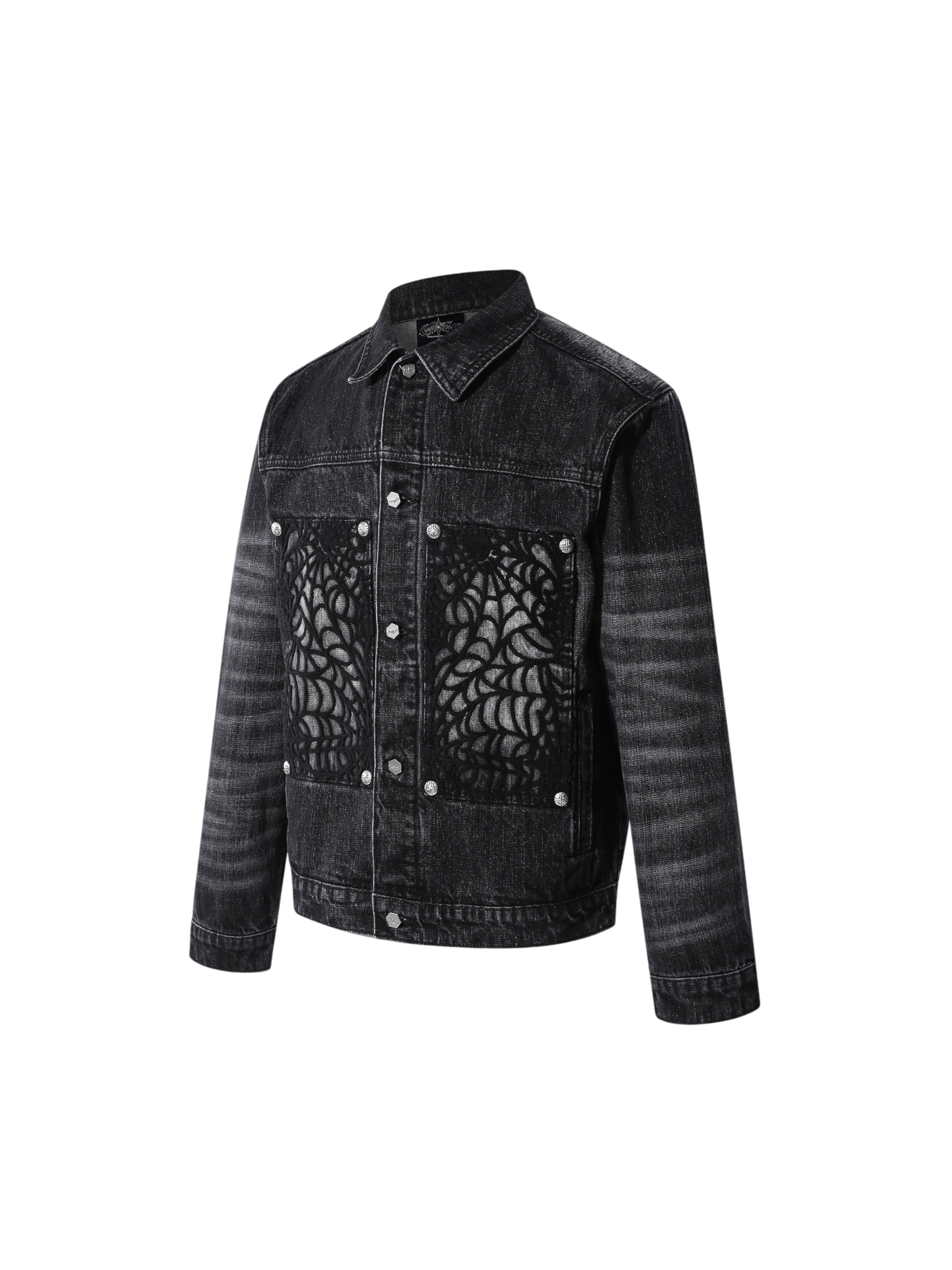 TBHNP T260016 black denim jacket, angled front view.