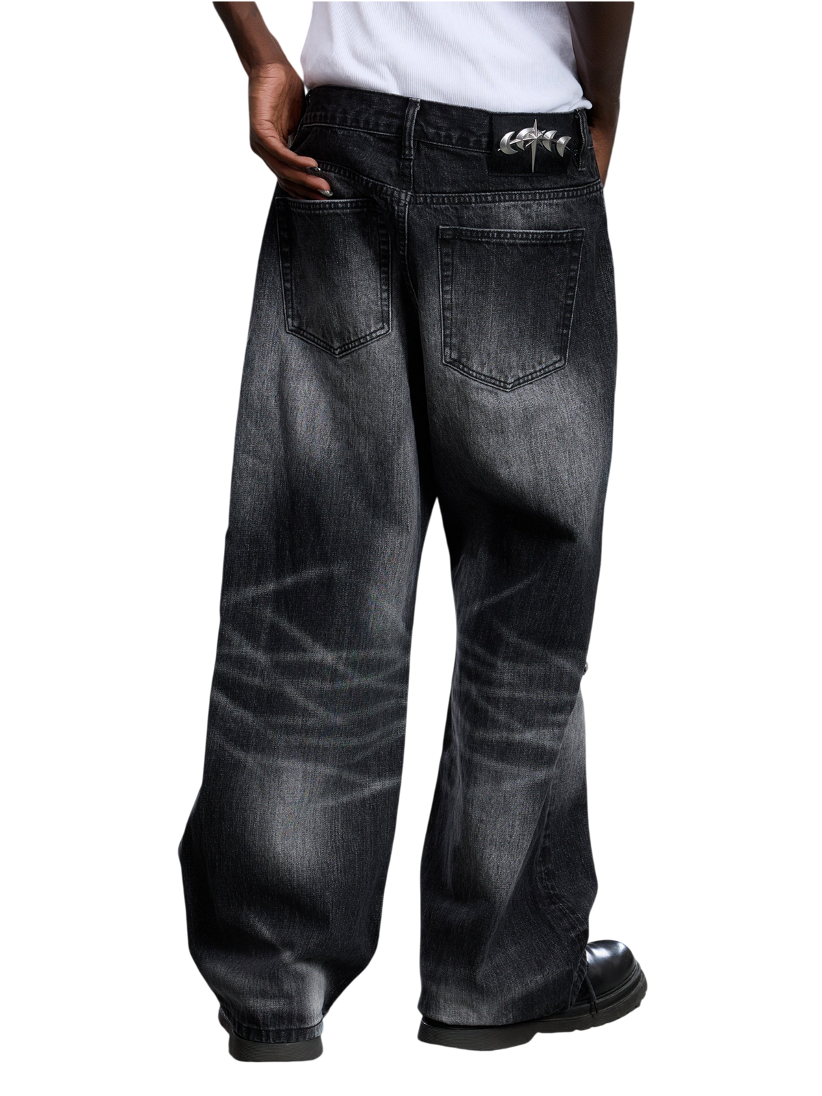TBHNP T260017 black jeans, back view on model.
