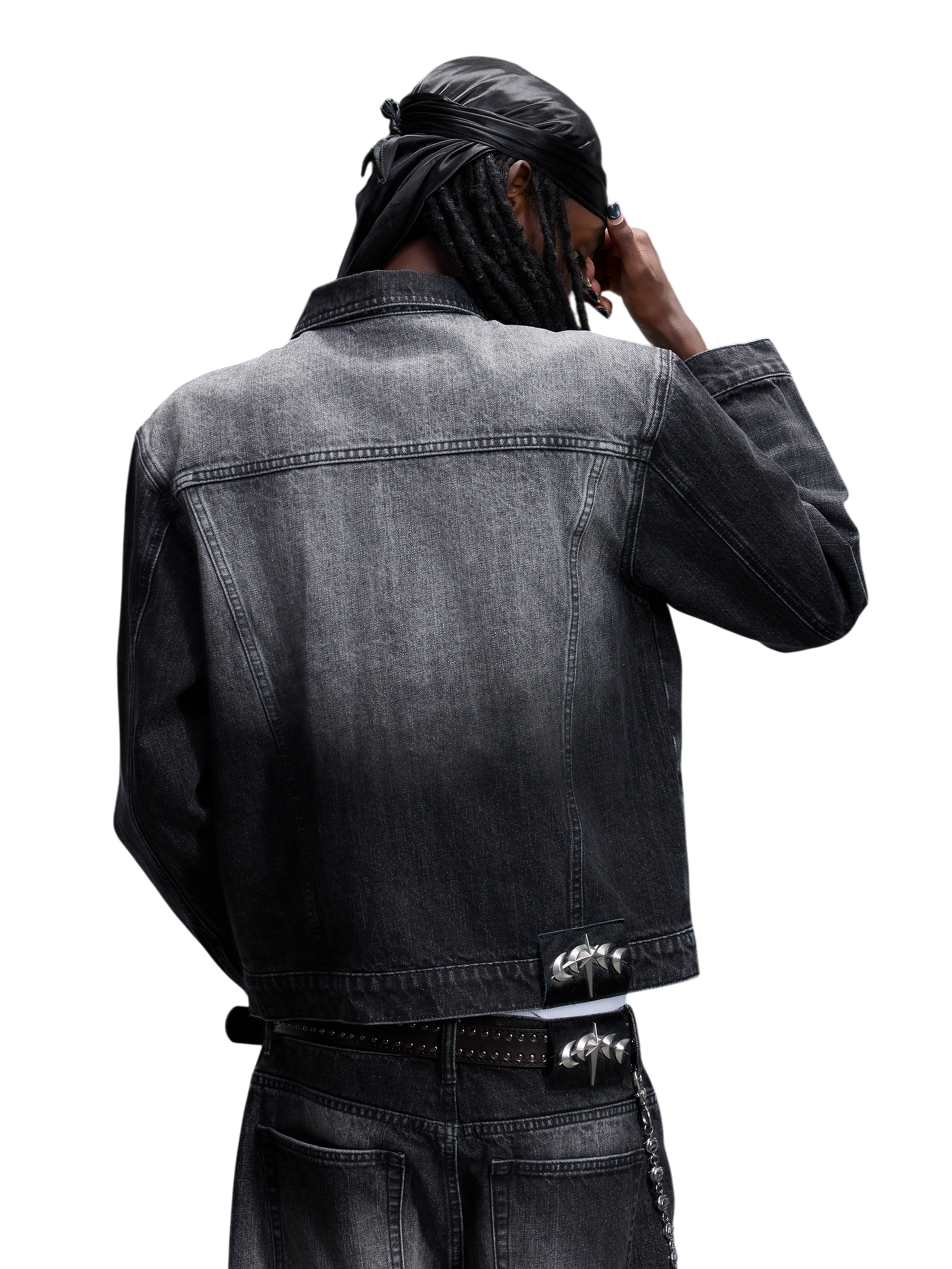 TBHNP T260016 black denim jacket, back view on model.