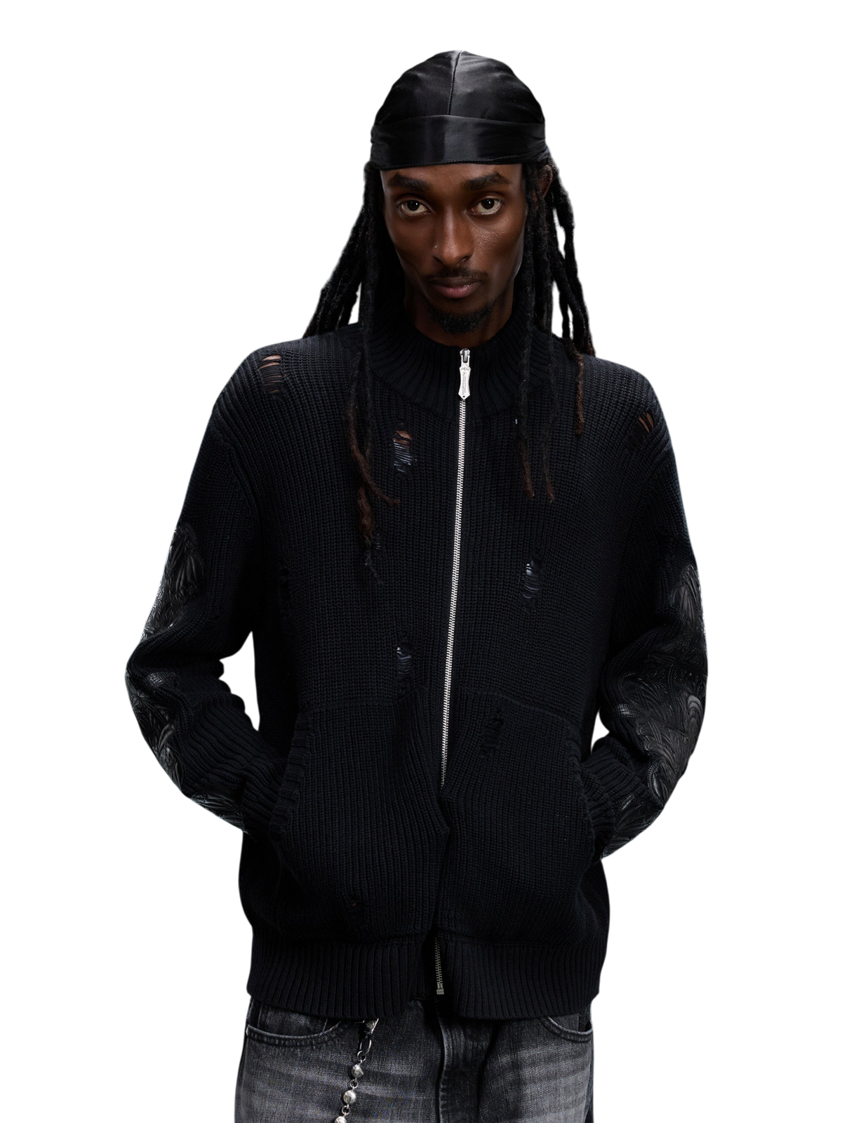 TBHNP T260007 black sweater, front view on model.