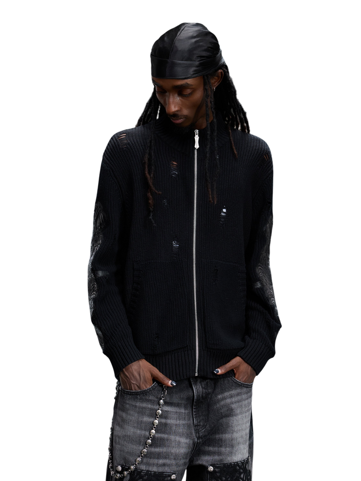 TBHNP T260007 black sweater, front styling view on model.