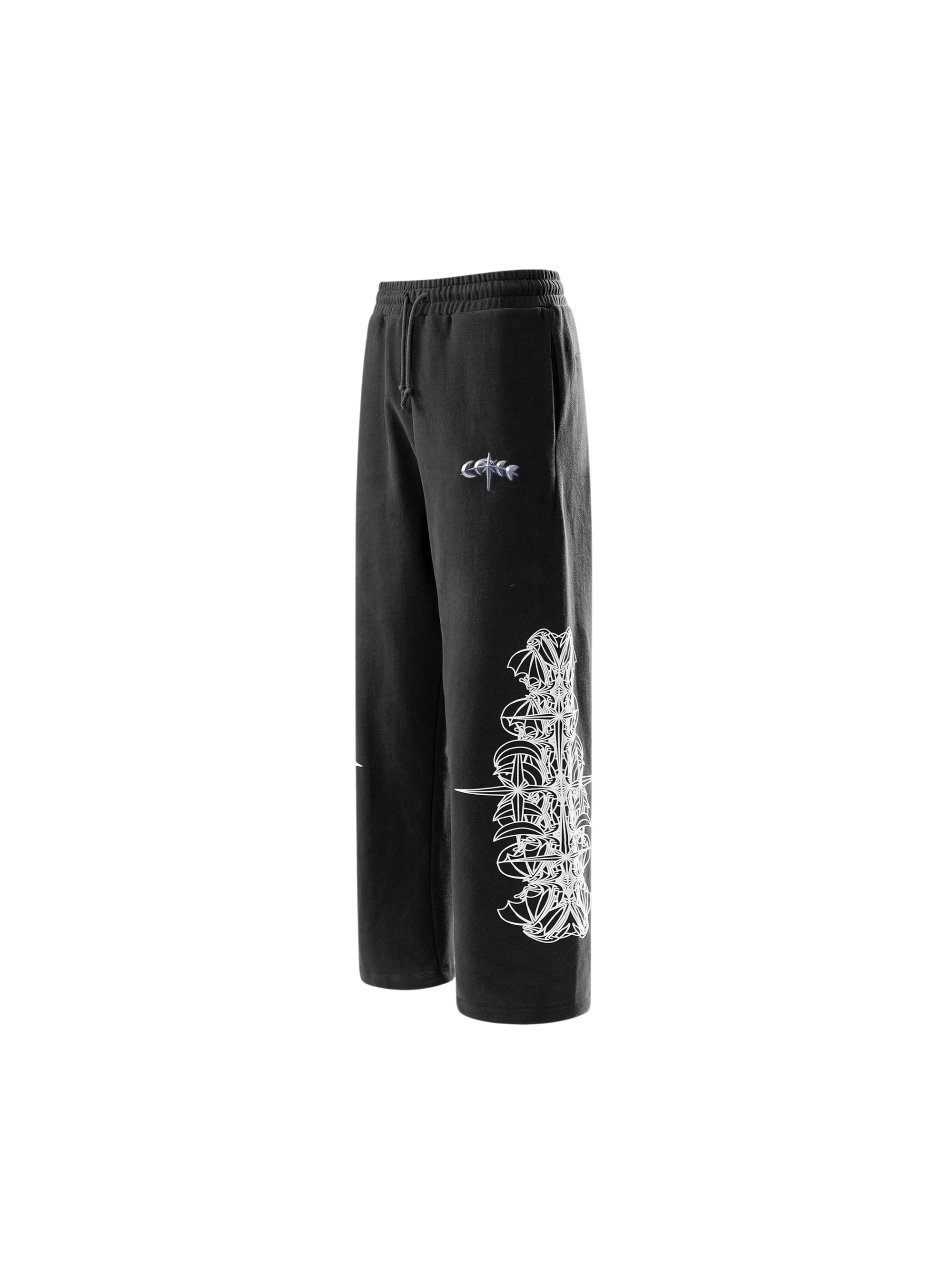 Dark Grey Luminous Dawn pants with raised velour astral graphics