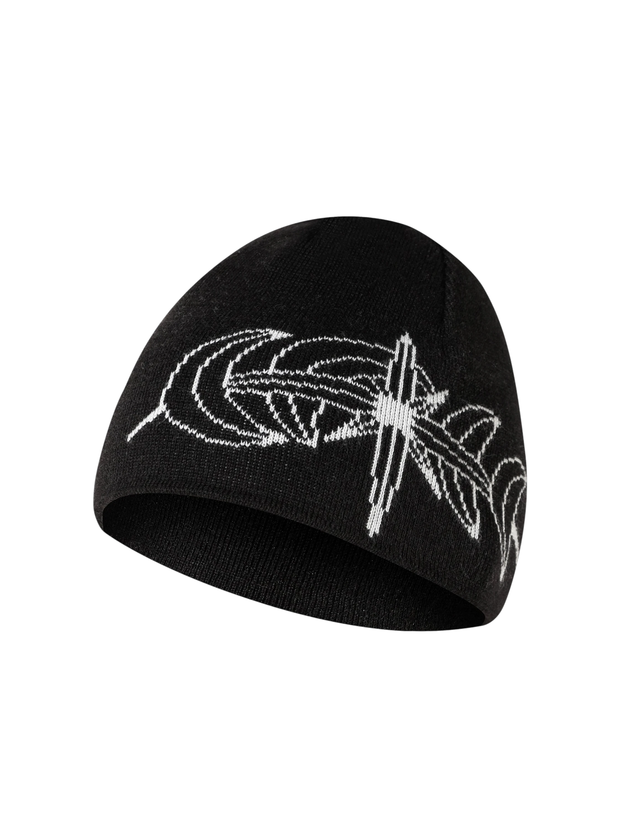 Black Luminous Dawn astral jacquard beanie, angled product view