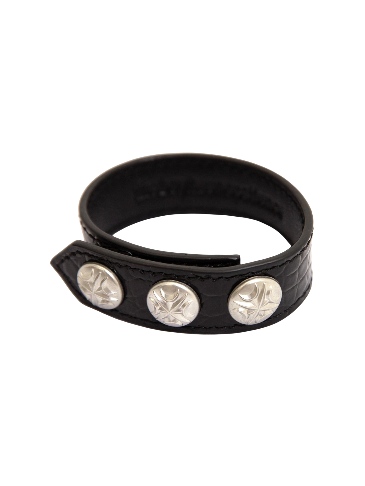 Black leather bracelet with silver-tone hardware, product view.
