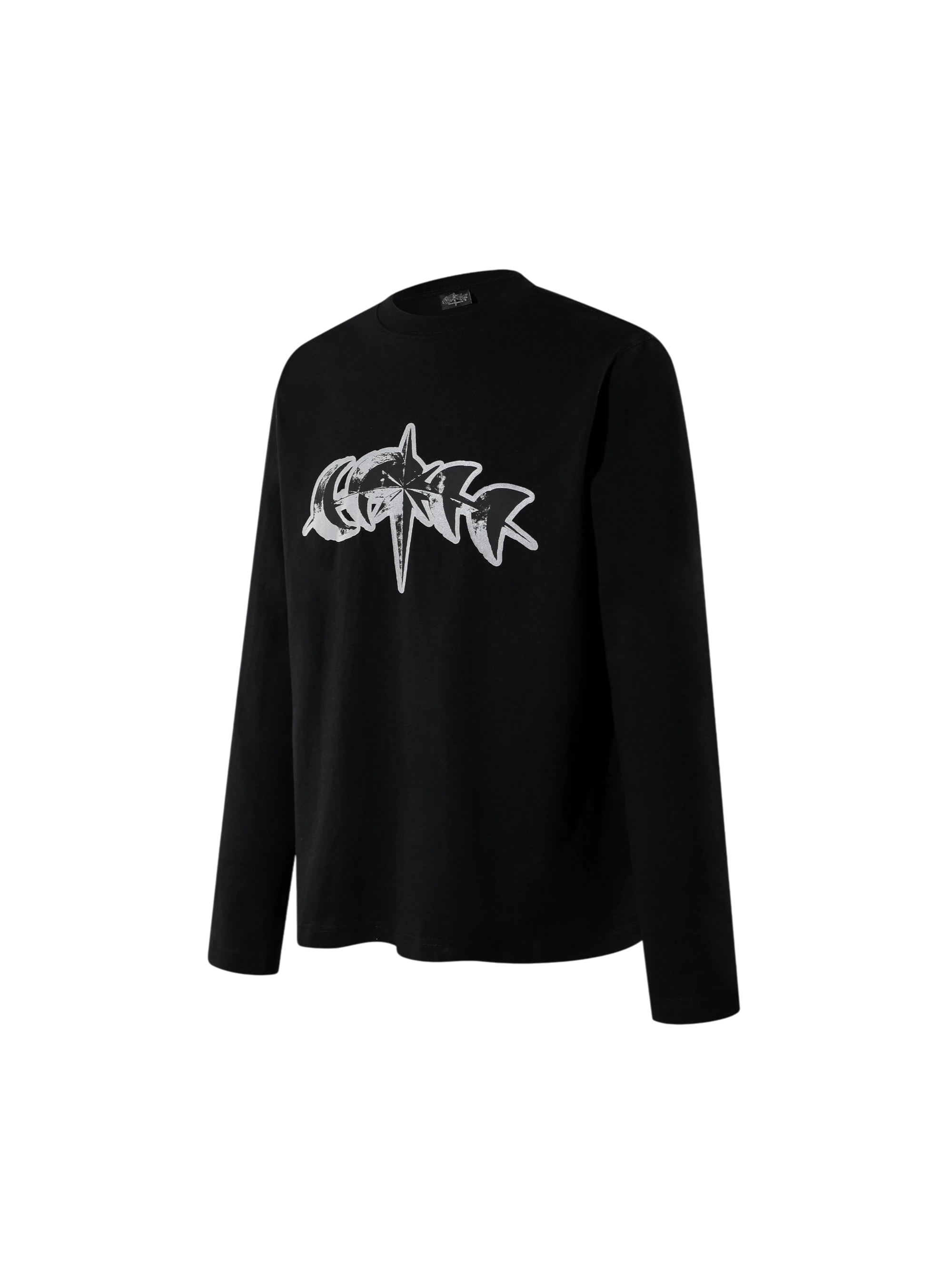 Black 3M reflective star logo long-sleeve tee, angled front view