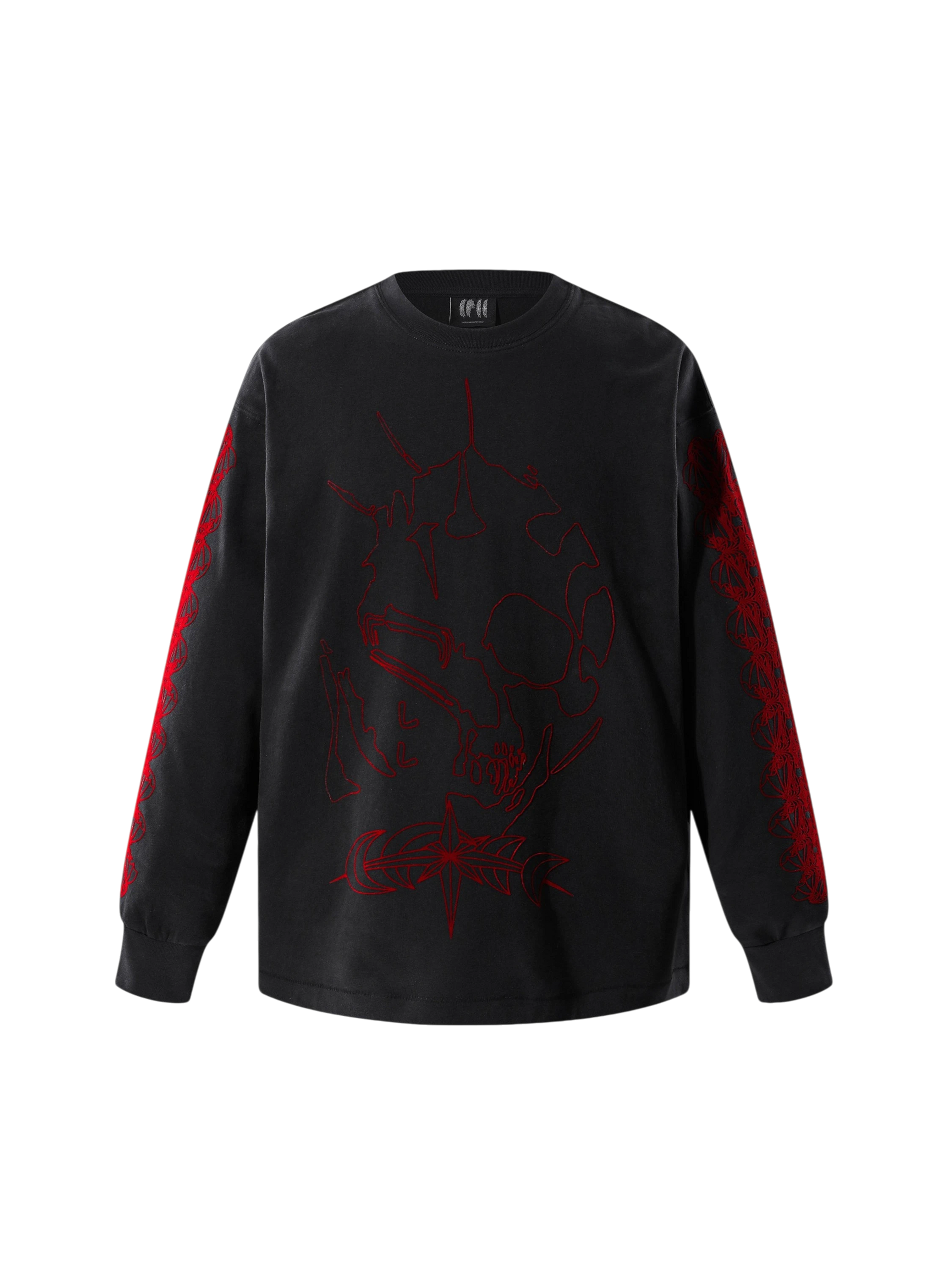 Dark Grey Luminous Dawn Ghost & Knight flocked long-sleeve tee, front view