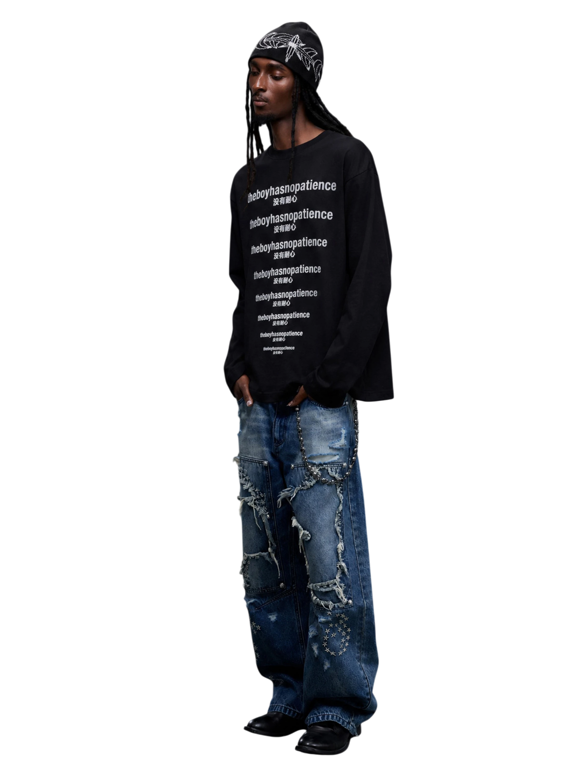 Model wearing Black slogan print long-sleeve tee, full-length view