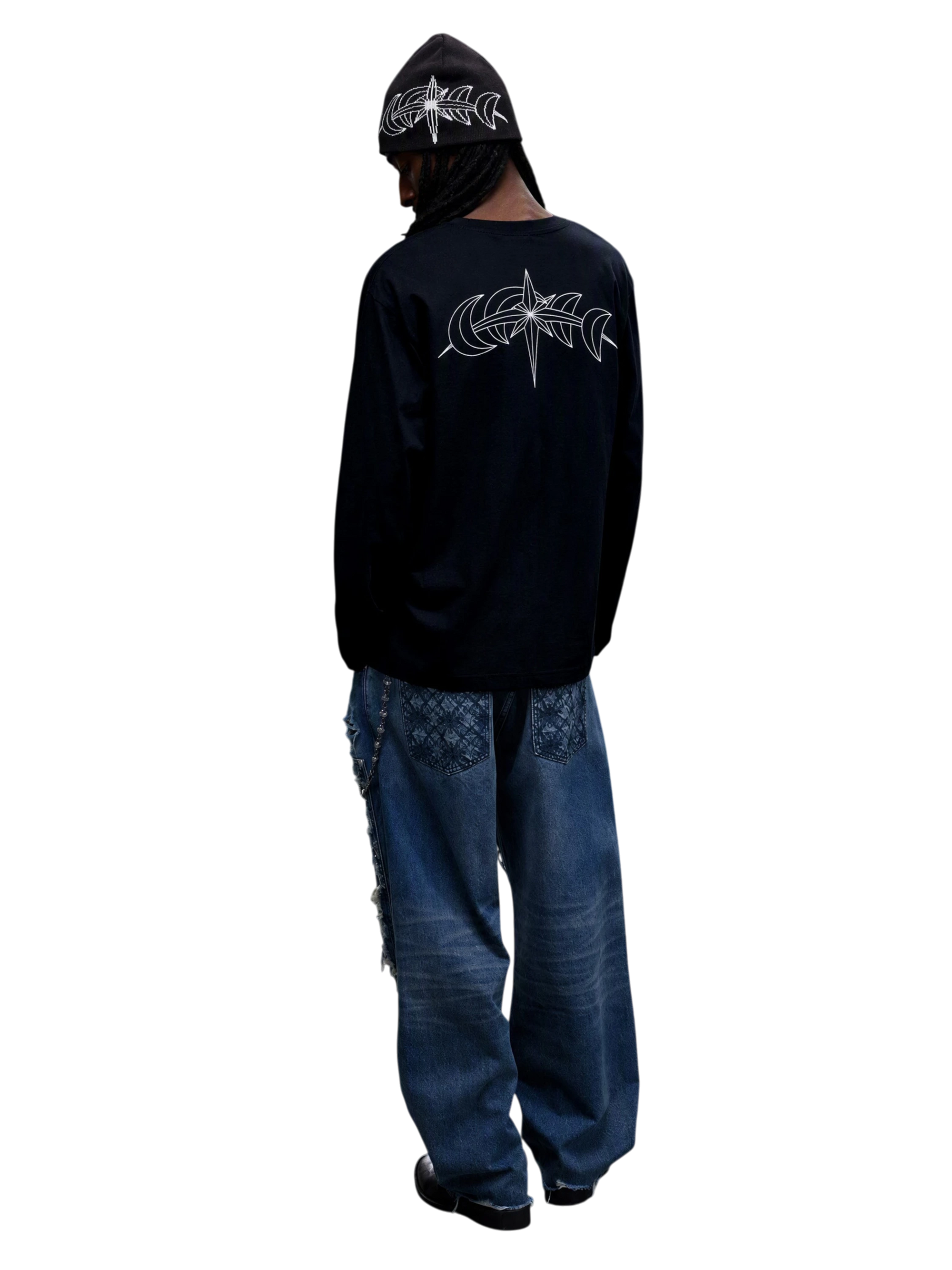 Model wearing Black slogan long-sleeve tee with star-moon back graphic