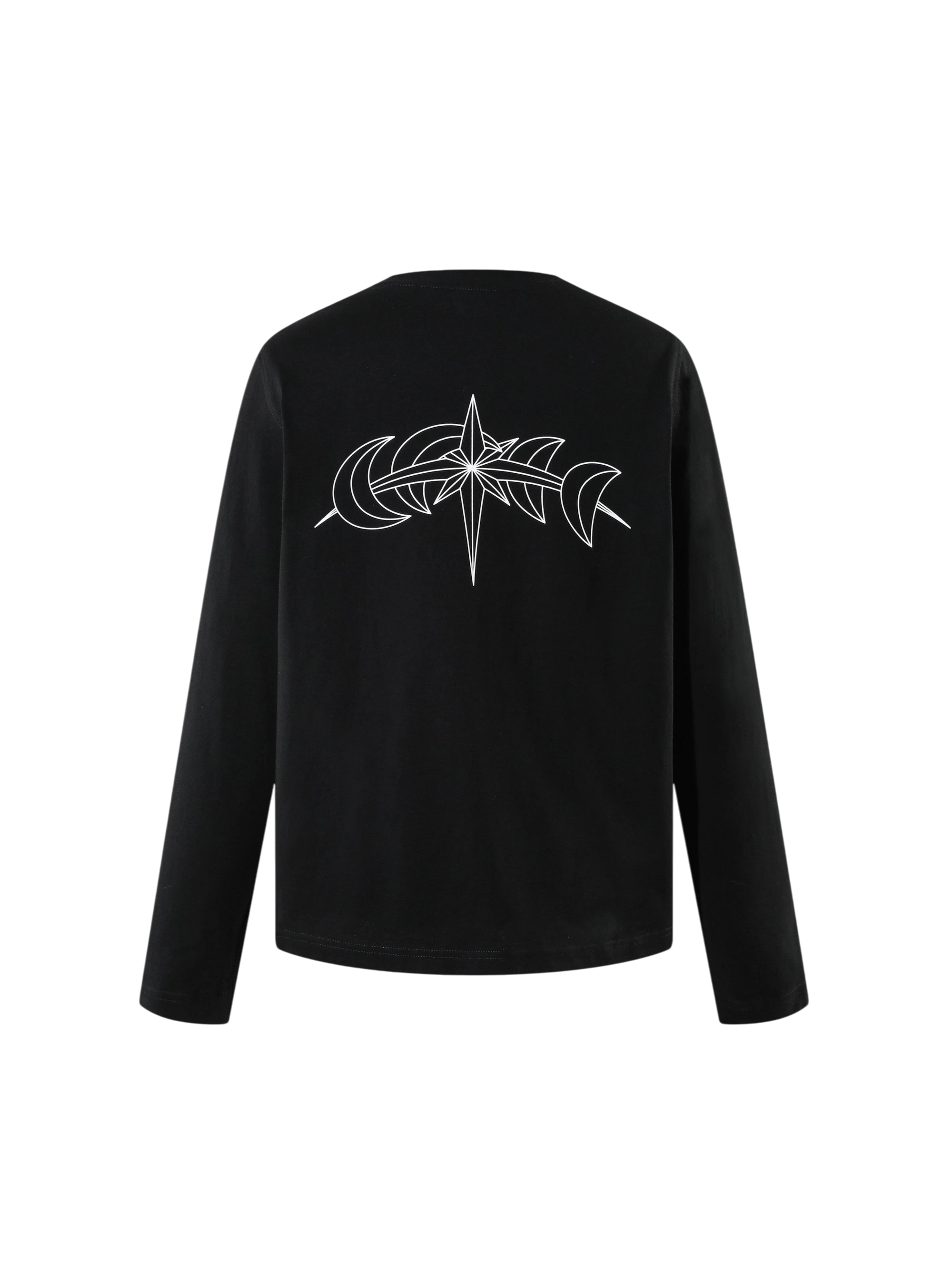 Black long-sleeve tee with white star-moon graphic, back view