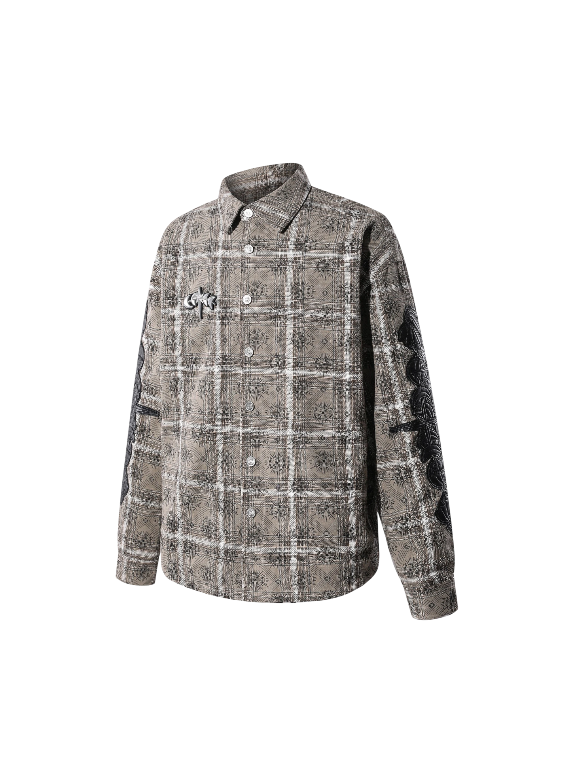 Greenish Yellow Starry Leather Patch Plaid Shirt, front flat view.
