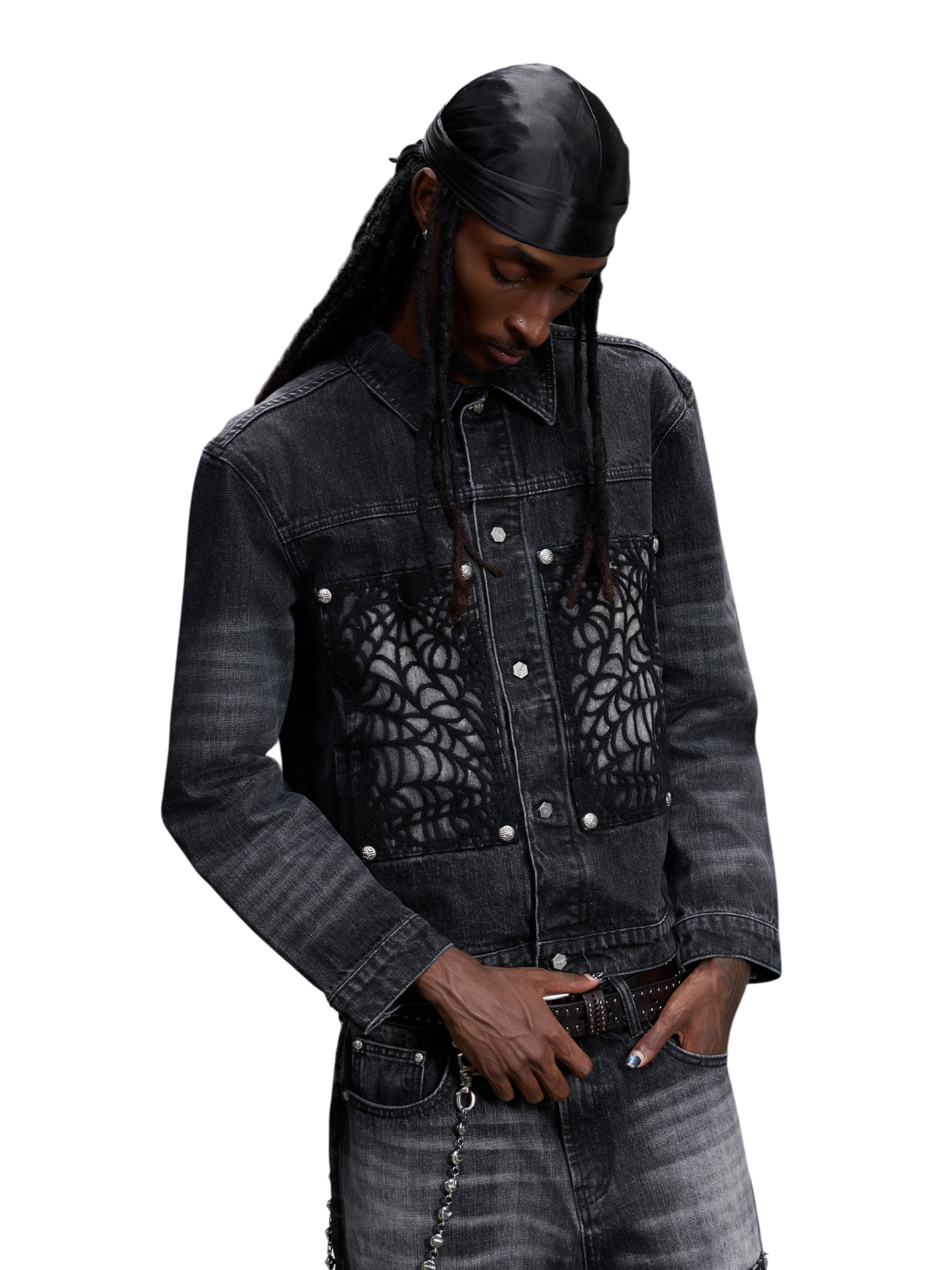 TBHNP T260016 black denim jacket, front view on model.