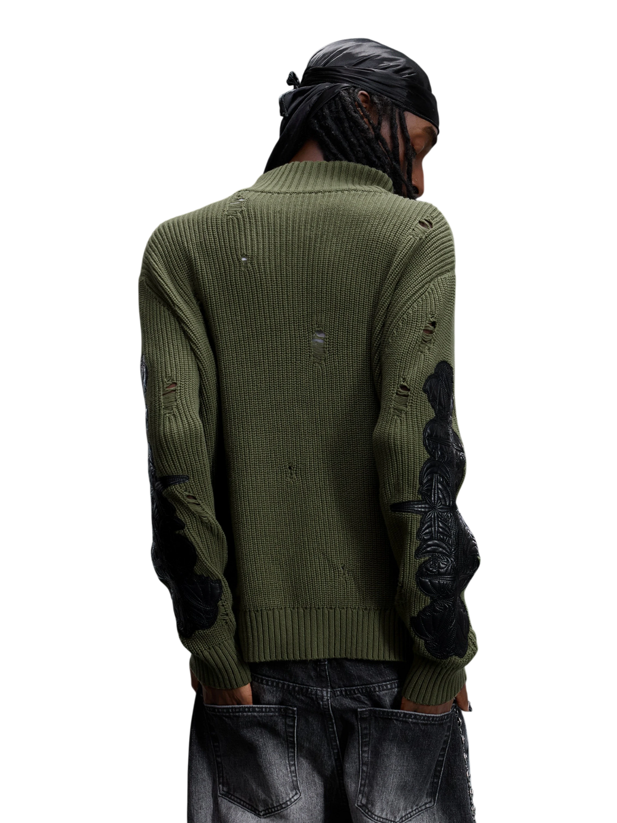TBHNP T260007 olive green sweater, back view on model.