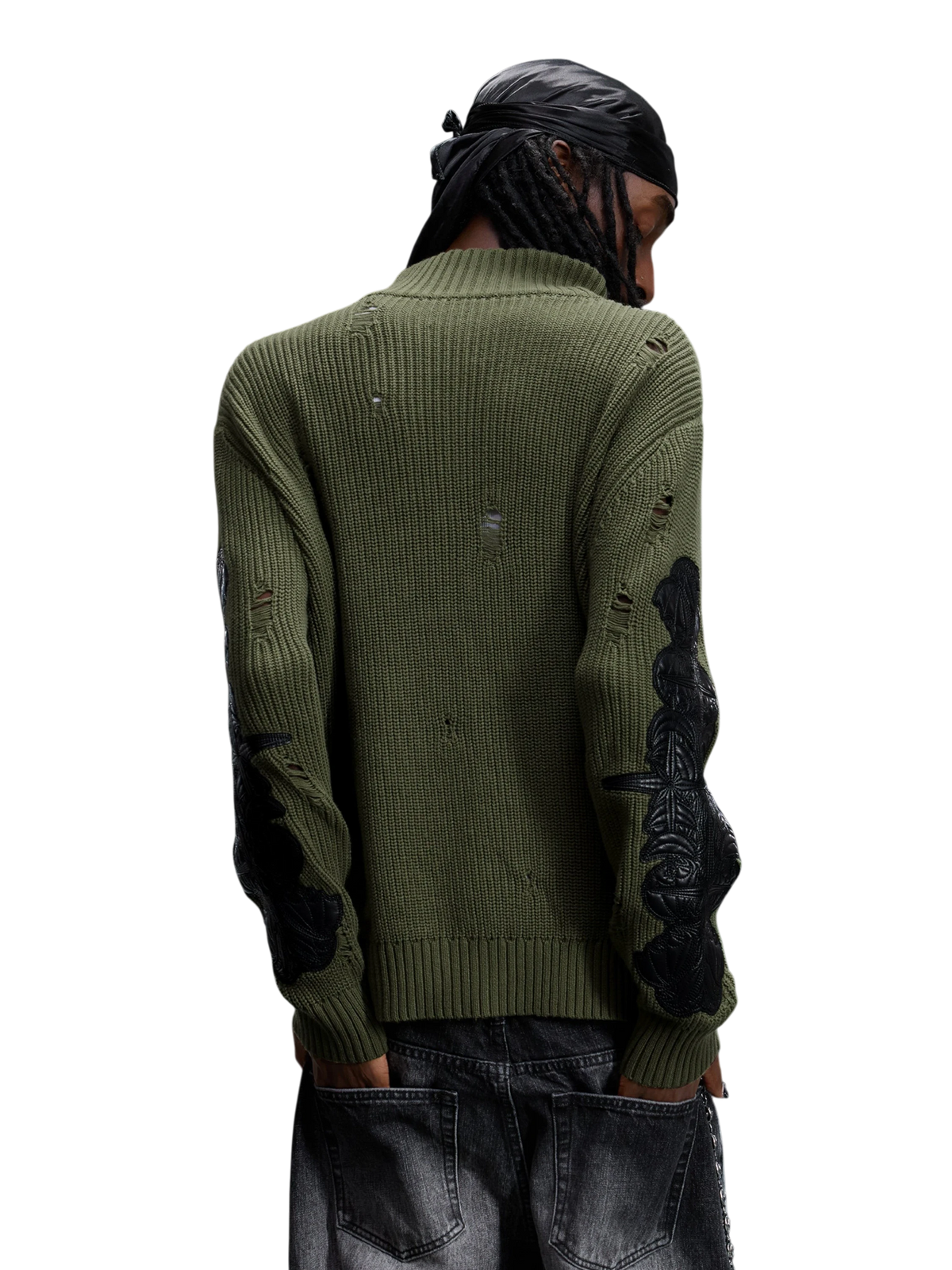 TBHNP T260007 olive green sweater, back view on model.