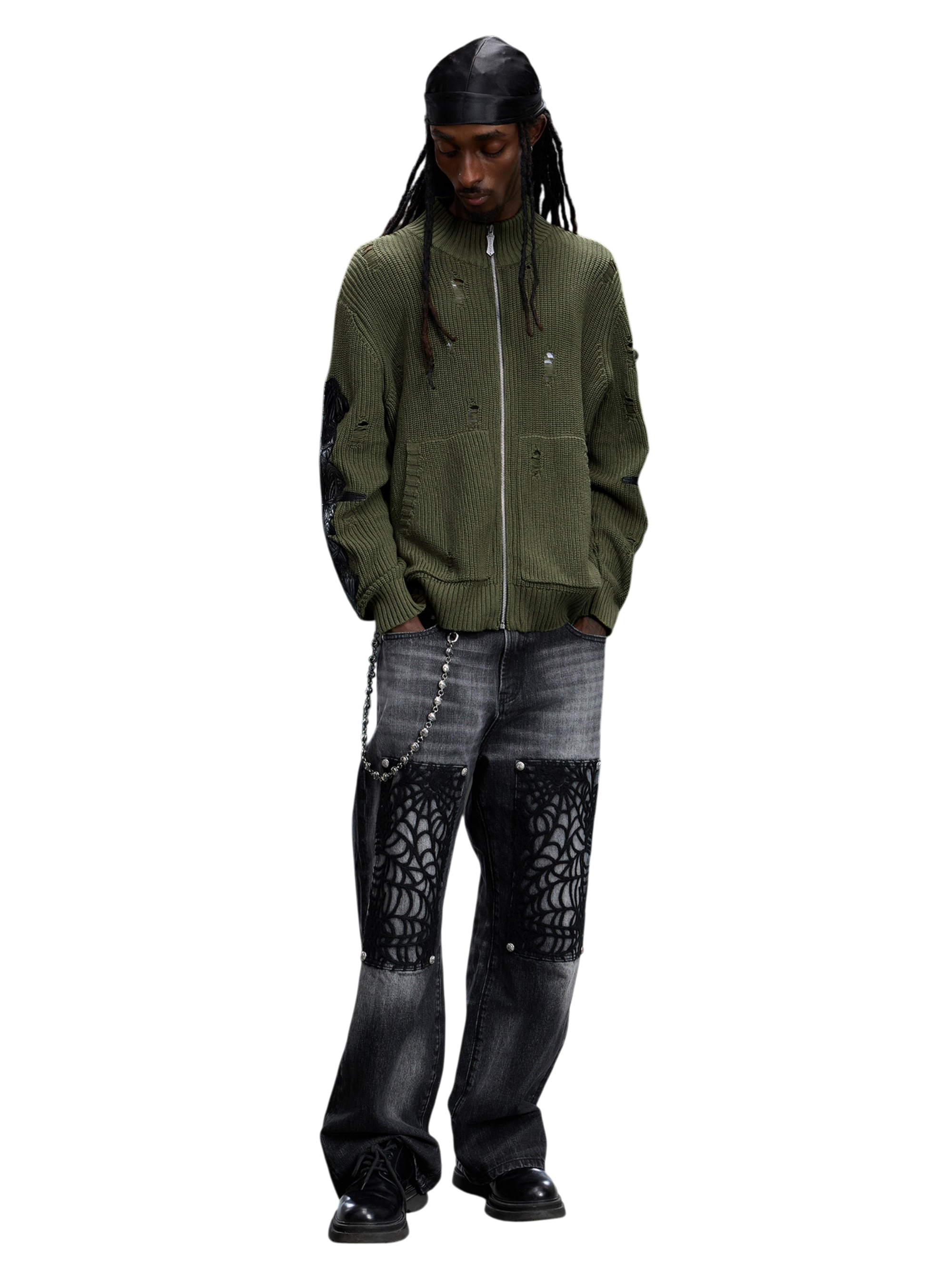 TBHNP T260007 olive green sweater, full outfit on model.