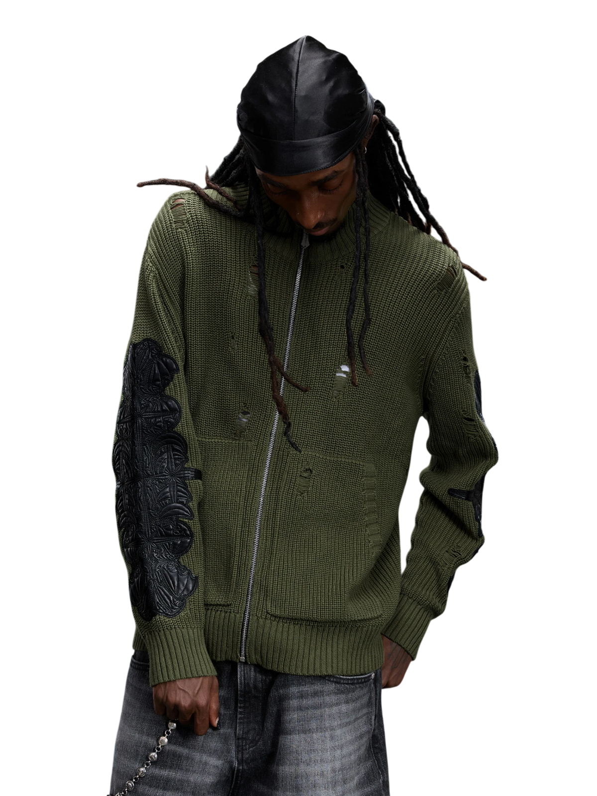 TBHNP T260007 olive green sweater, front view on model.