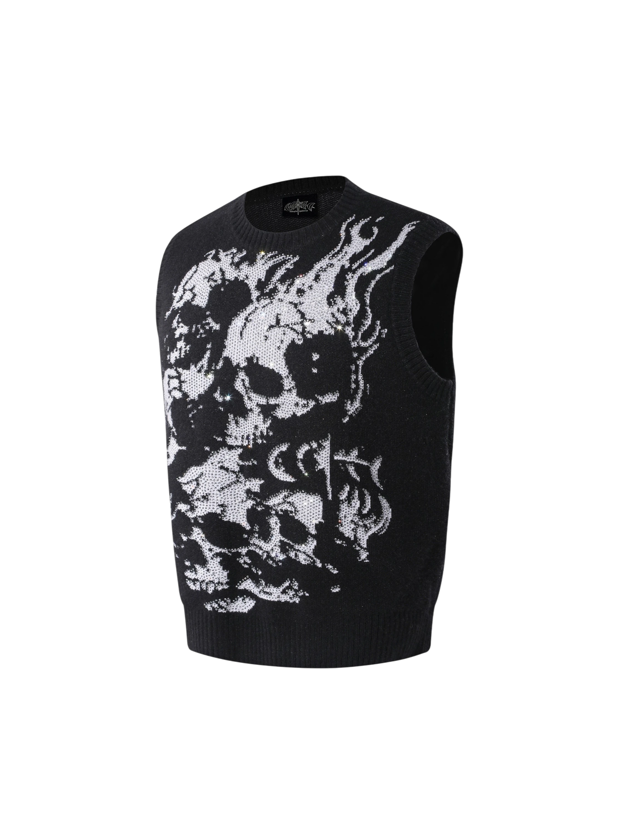 Black Wraith Rhinestone Sweater Vest with jacquard graphic, front flat view.