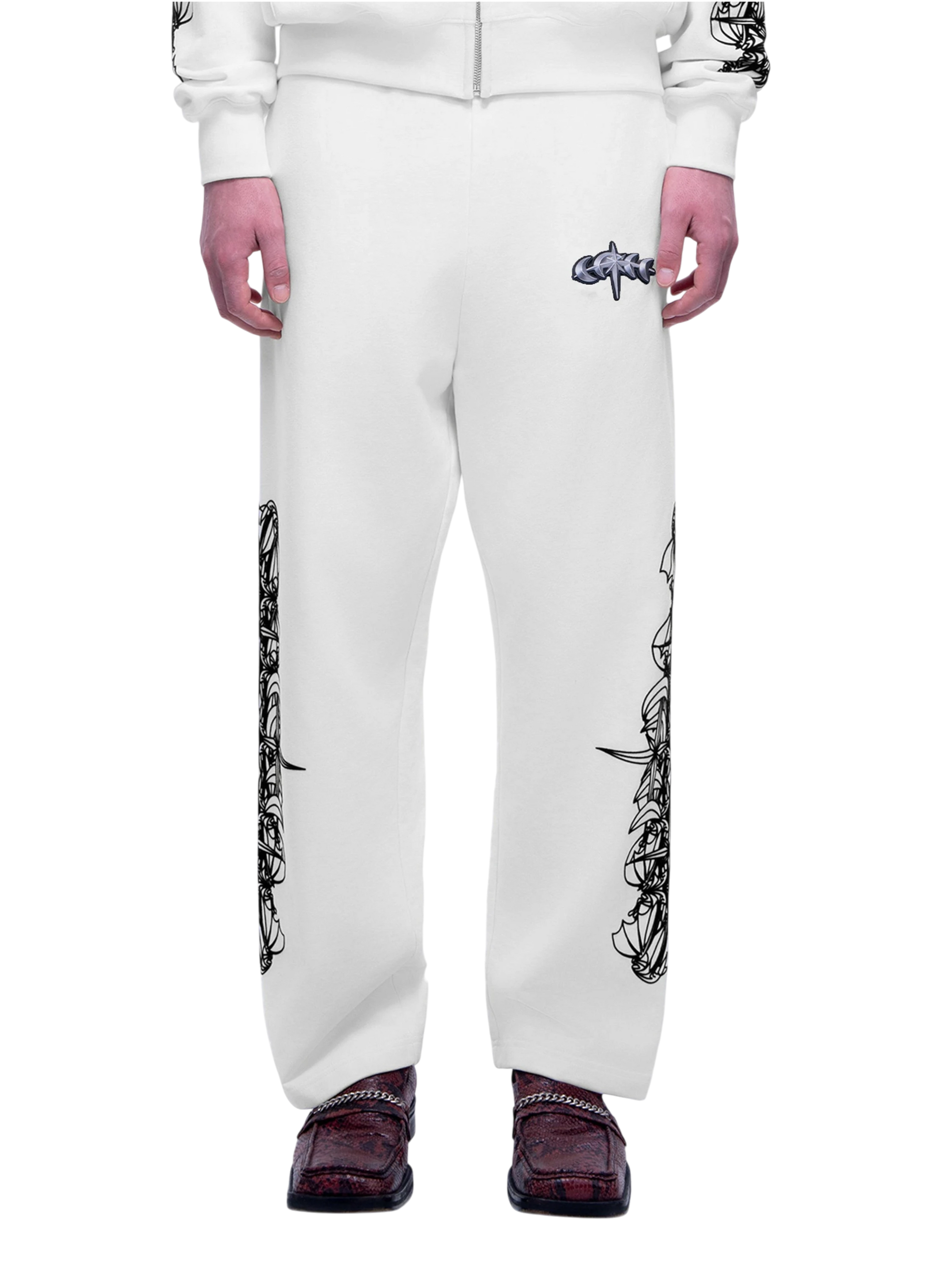 Luminous Dawn astral logo flocked pants in Off White, rear view