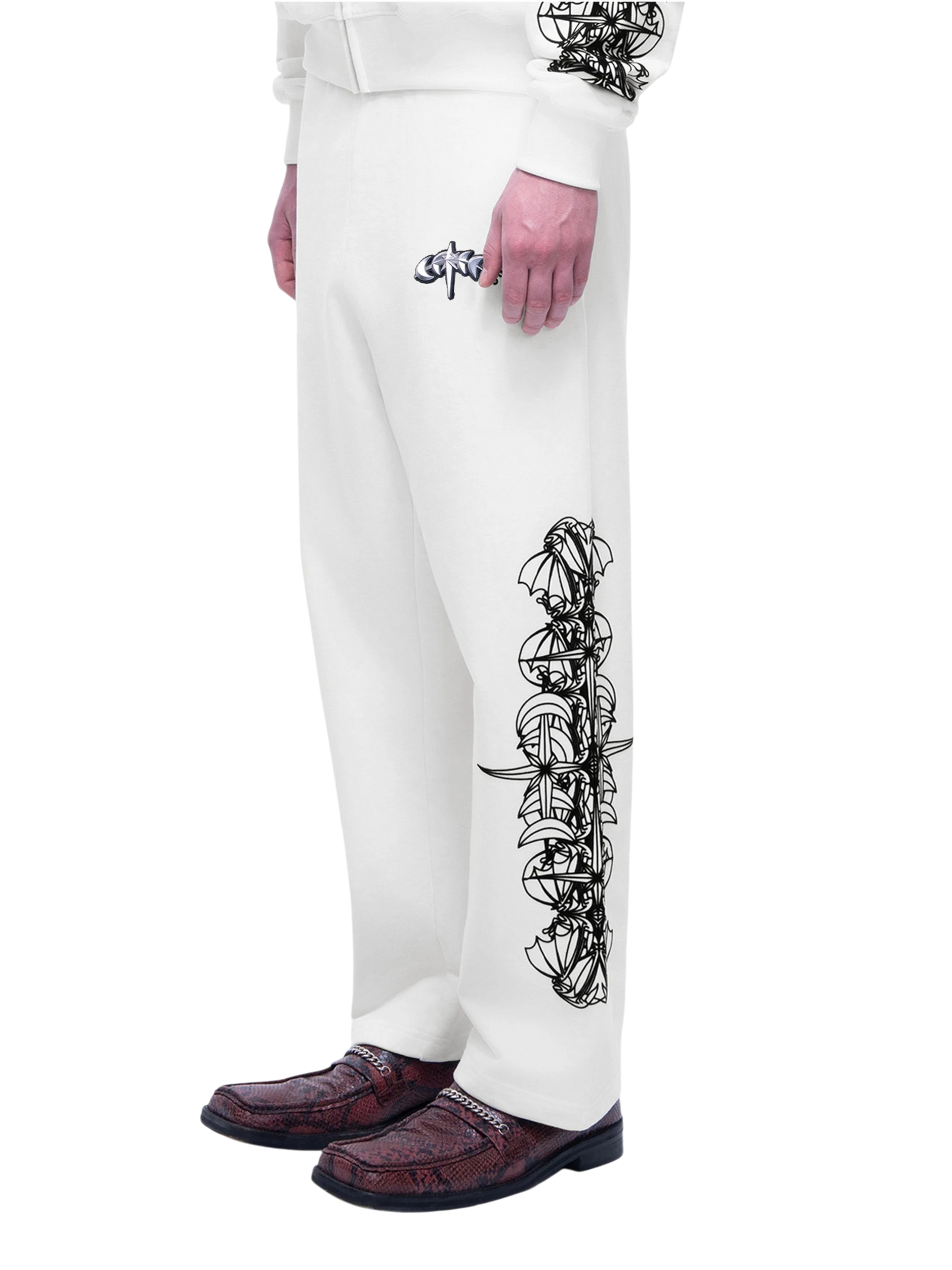 Off White Luminous Dawn pants with raised astral side graphics