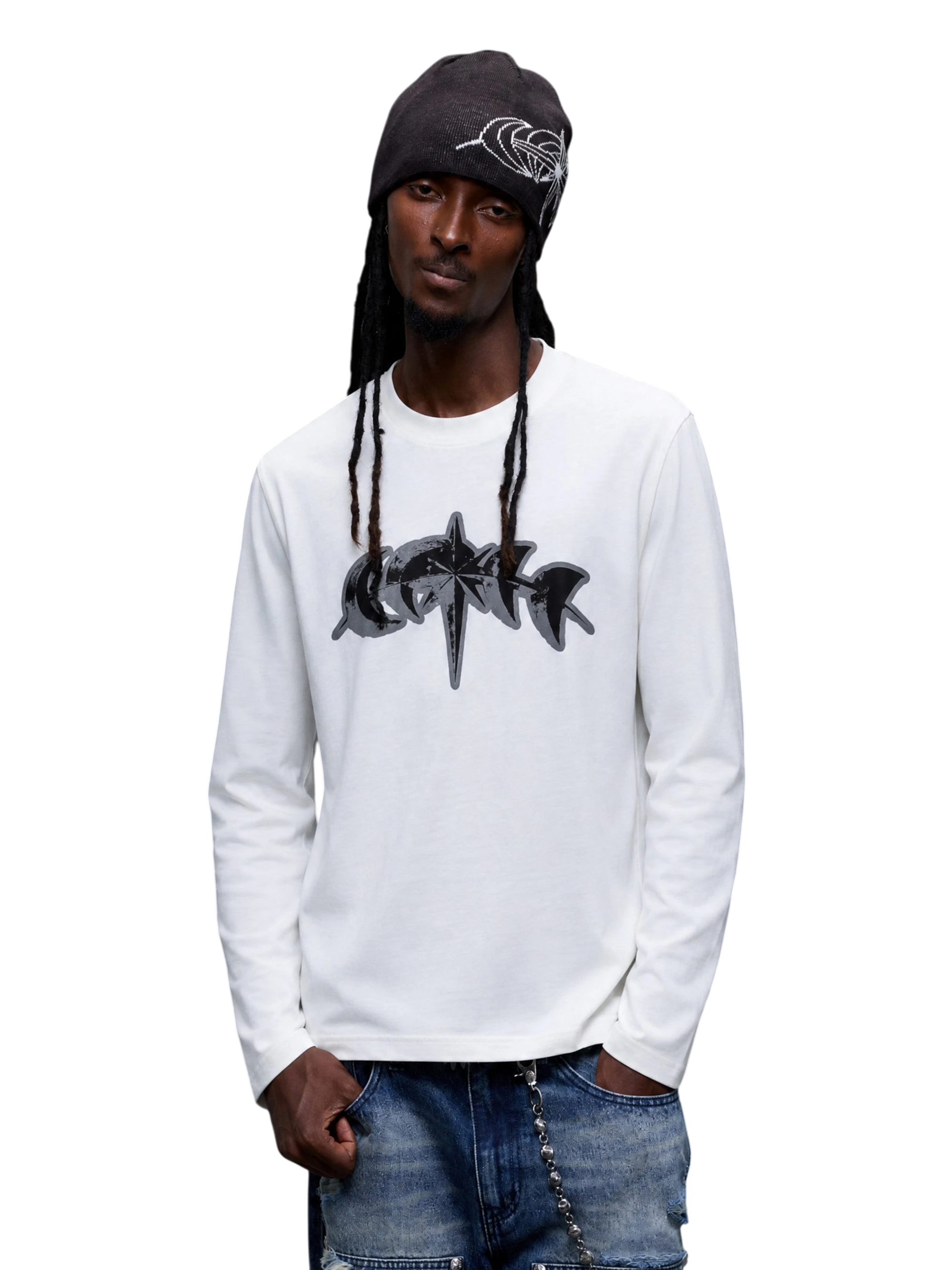 Model wearing White reflective star logo long-sleeve tee, front close view