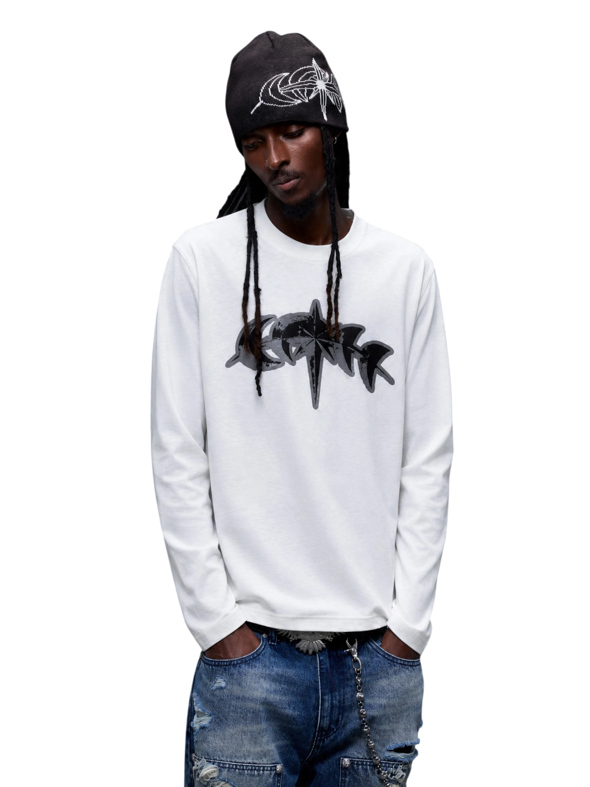 Model wearing White 3M reflective star logo long-sleeve tee, full view