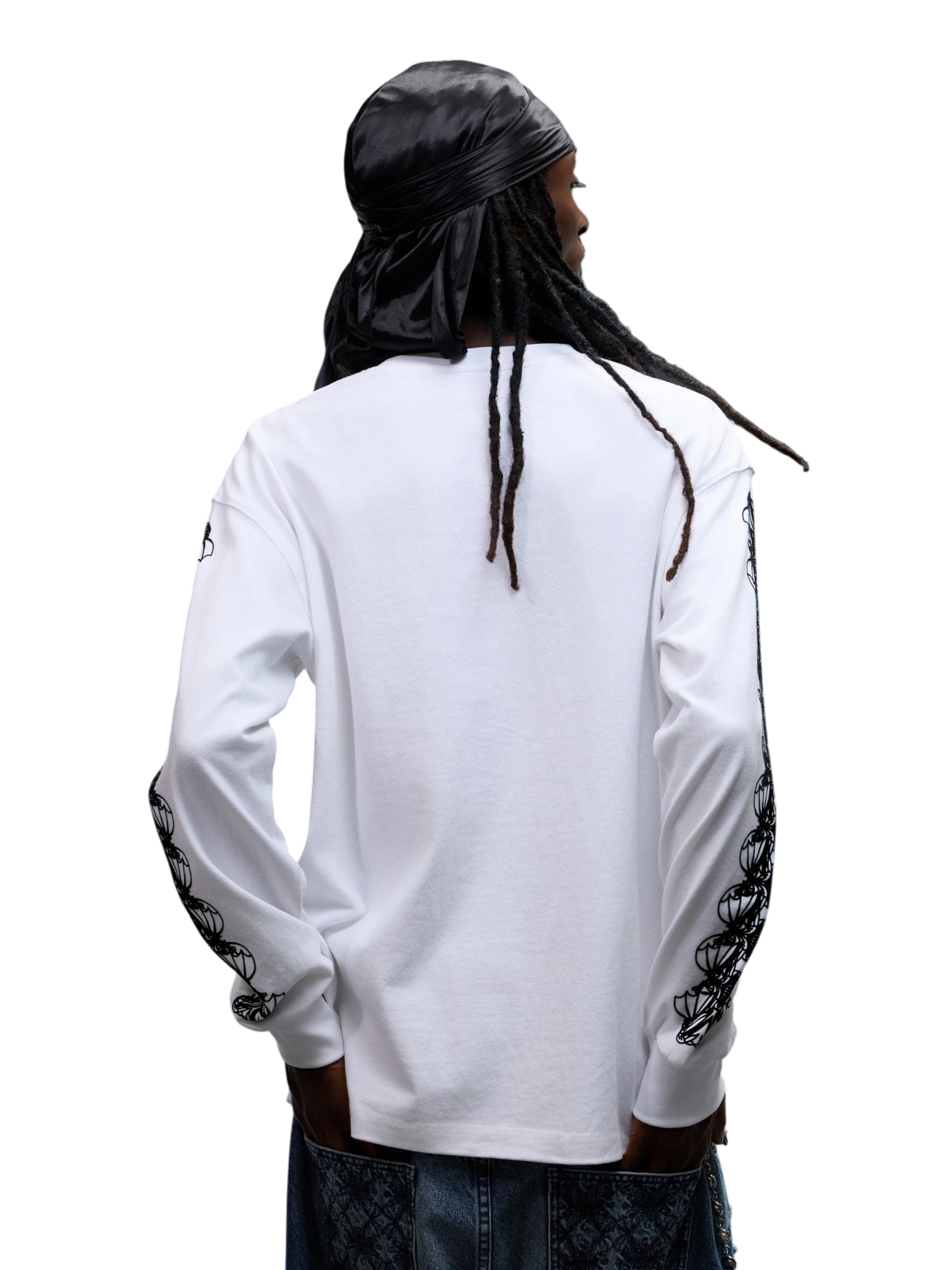 Model wearing Off White flocked long-sleeve tee, back and sleeve view
