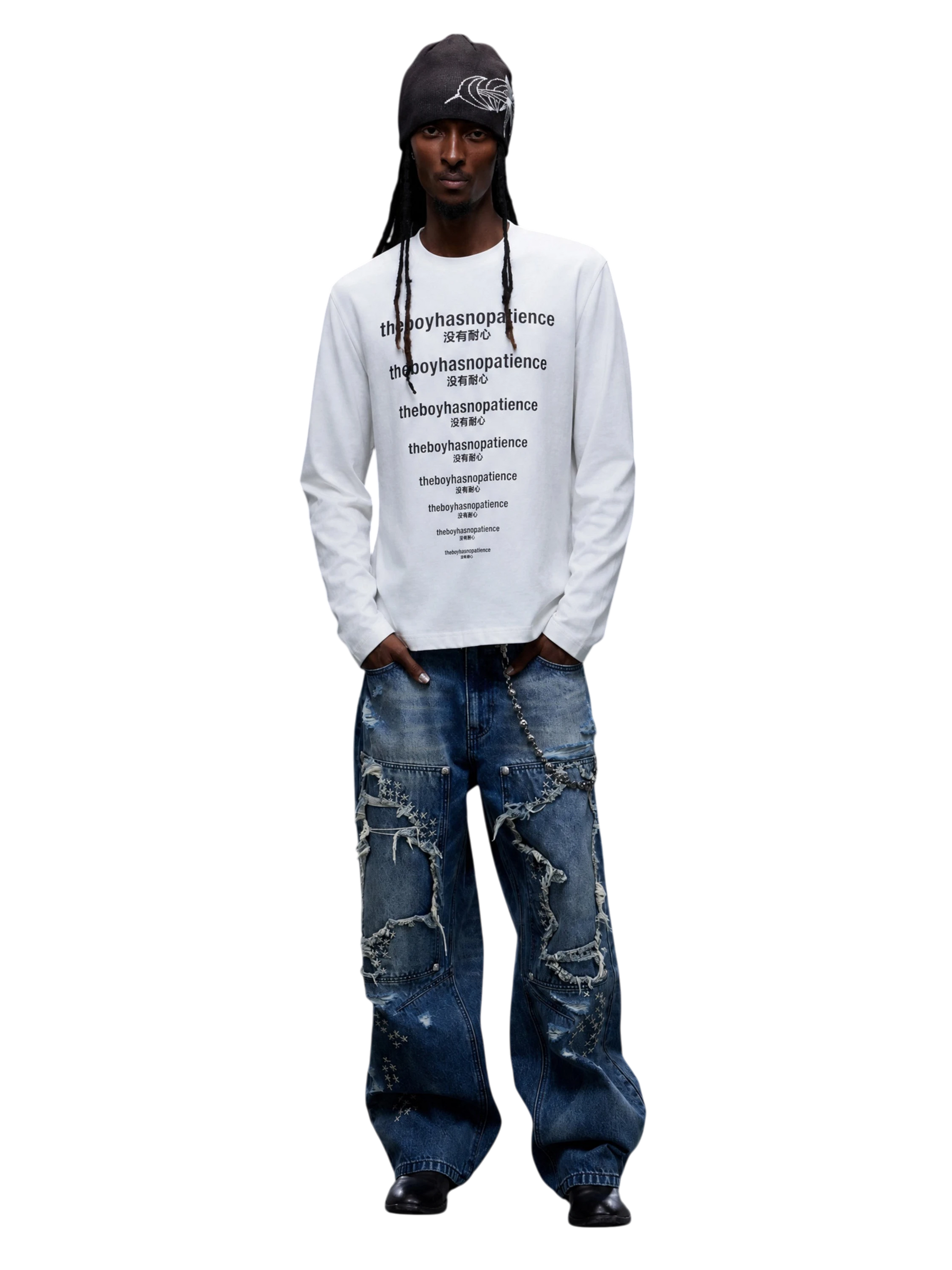 Model wearing White slogan print long-sleeve tee, full-length view