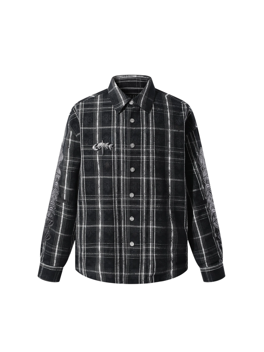 Model wearing the Greenish Yellow plaid shirt, angled front view.