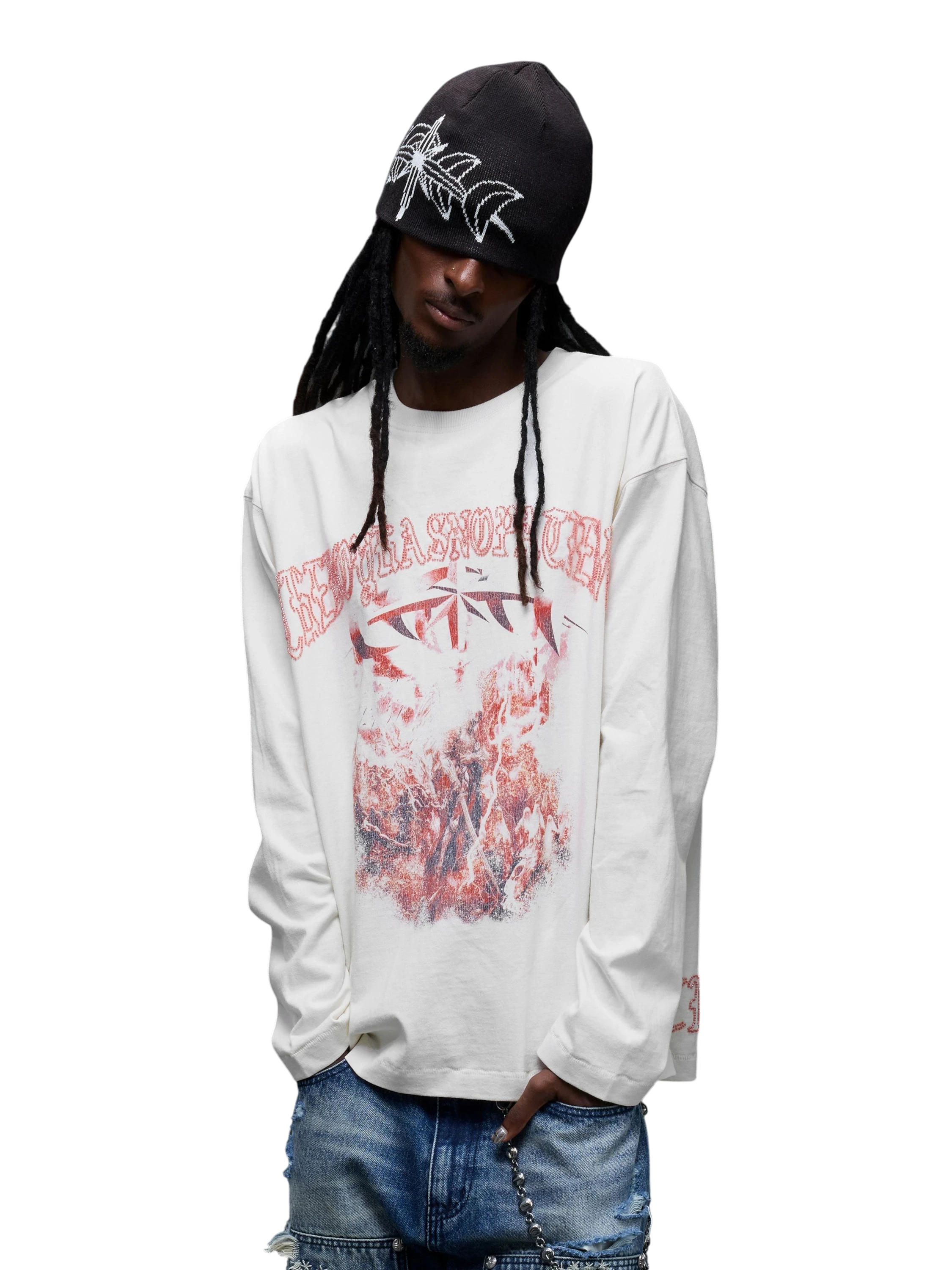 TBHNP Luminous Dawn distressed knight graphic long sleeve tee with bead-embroidered gothic lettering