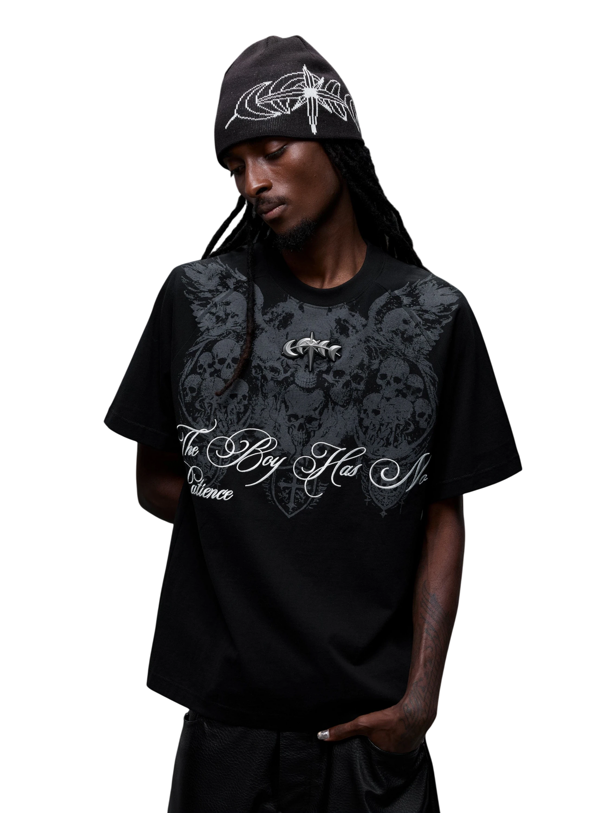 TBHNP Luminous Dawn baroque skull cotton raglan T-shirt — men's streetwear graphic tee