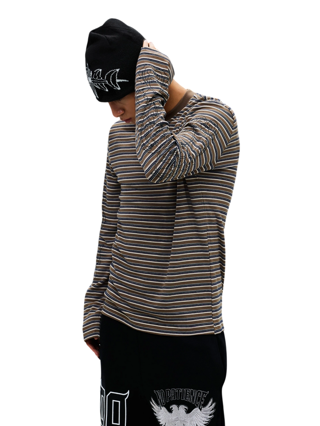 Model wearing the Army Green Luminous Dawn striped long-sleeve tee