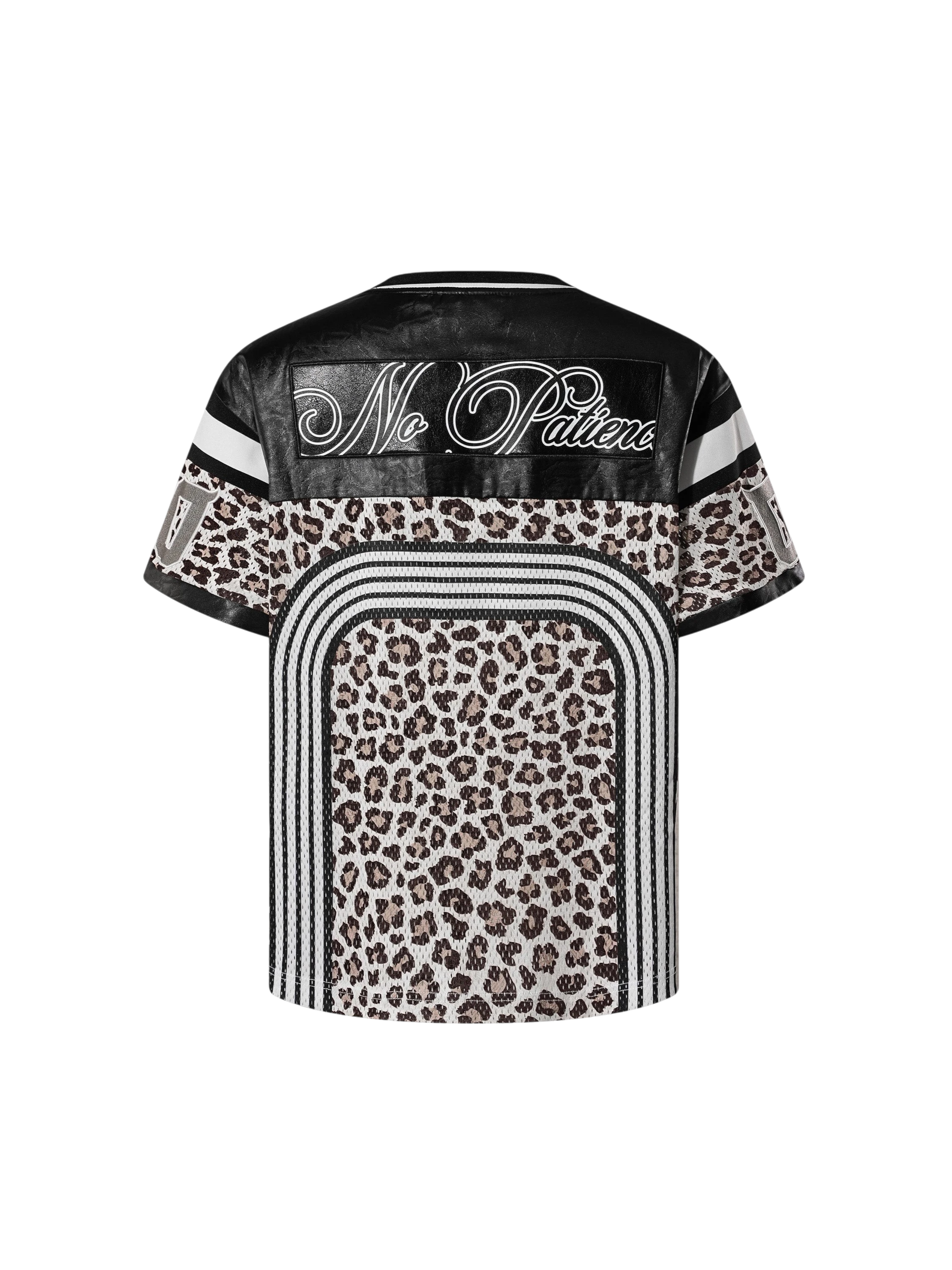 TBHNP Luminous Dawn leopard patchwork rugby shirt with double-headed eagle graphic — men's streetwear top