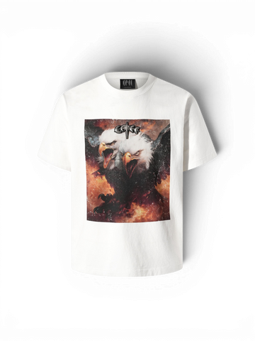 TBHNP Luminous Dawn double-headed eagle photo-print cotton t-shirt, white — men's streetwear graphic tee