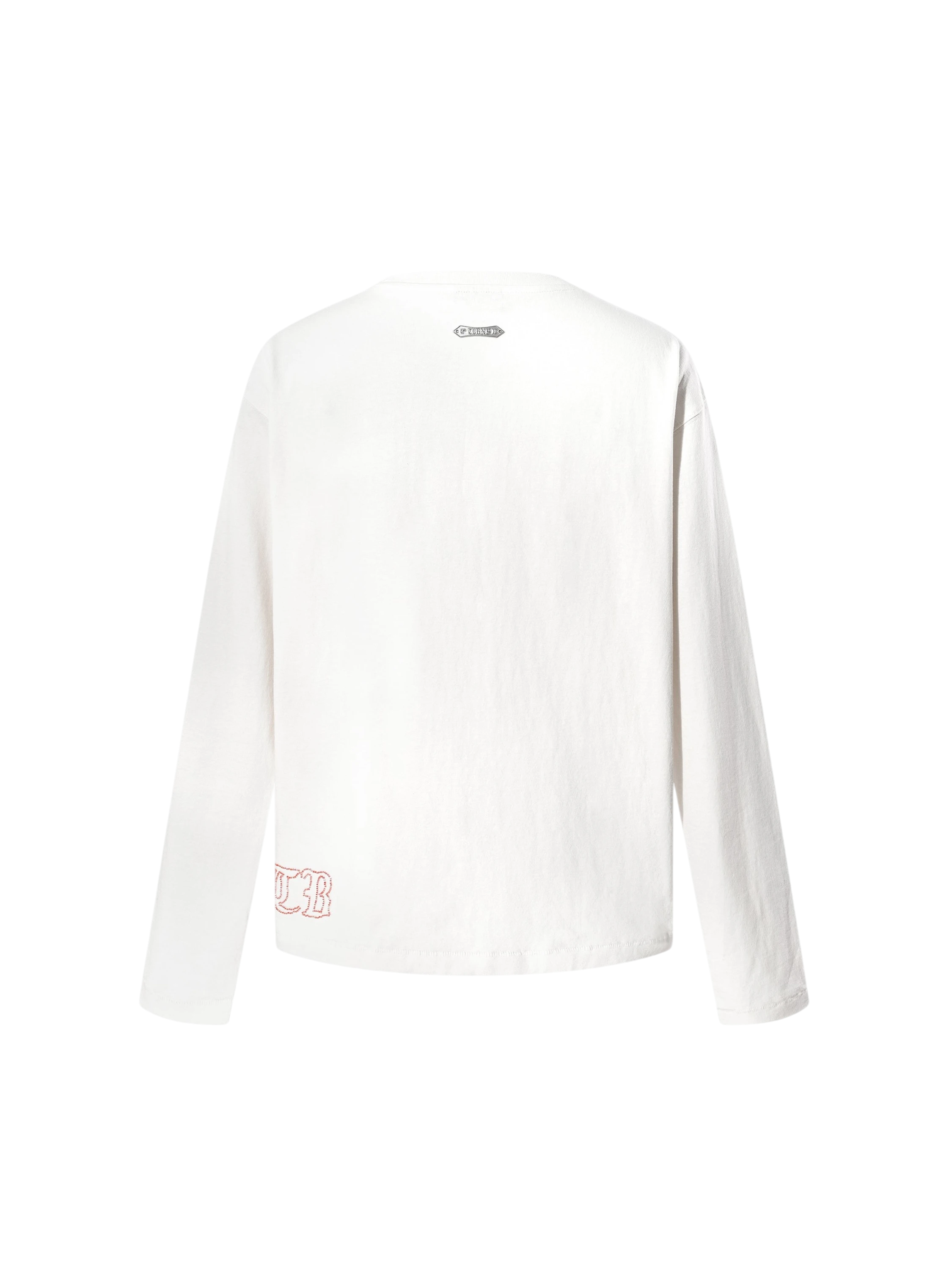 TBHNP Luminous Dawn distressed knight graphic long sleeve tee with bead-embroidered gothic lettering