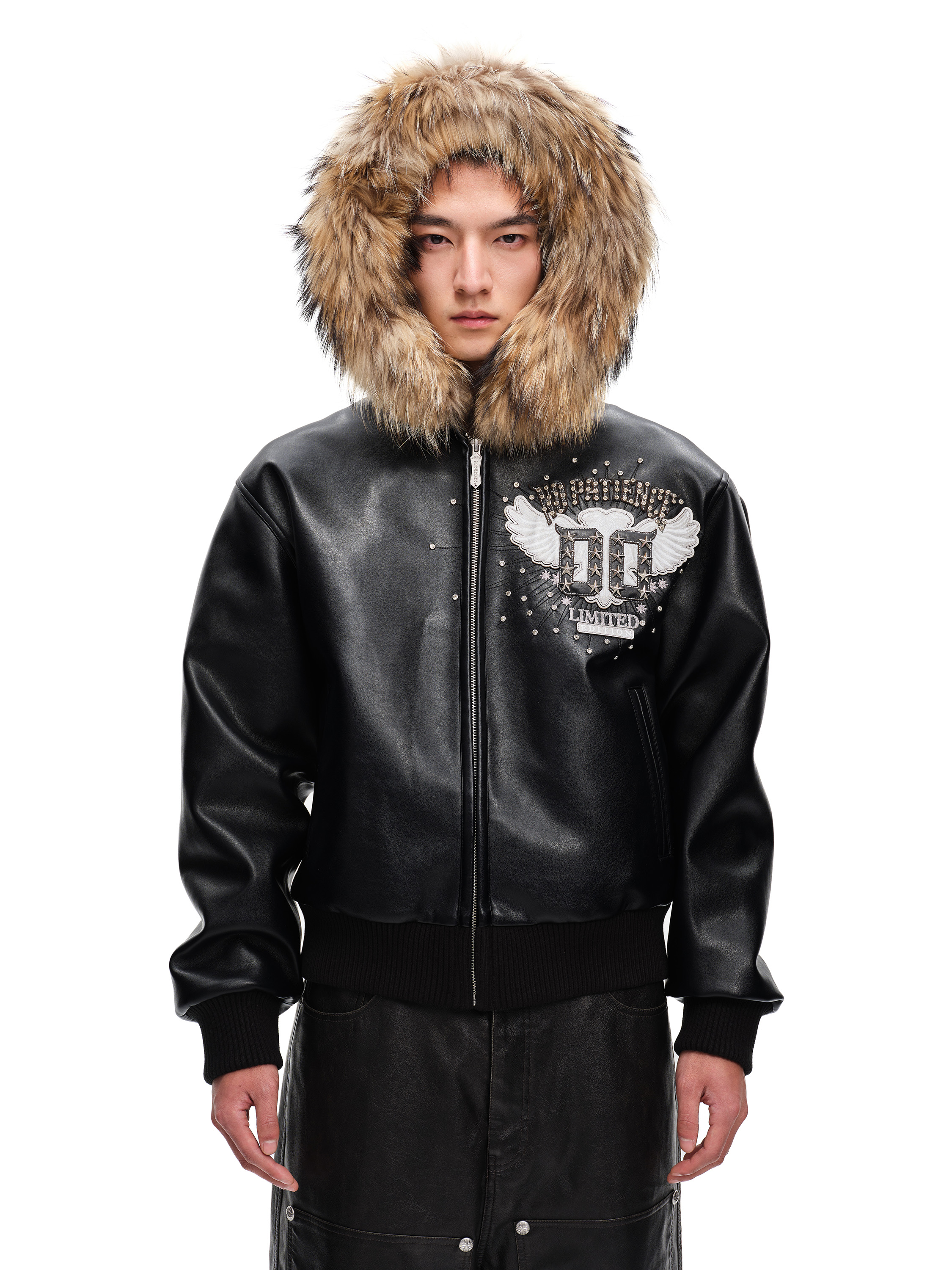 LUMINOUS DAWN RHINESTONE LEATHER PATCH HOODED ZIP JACKET