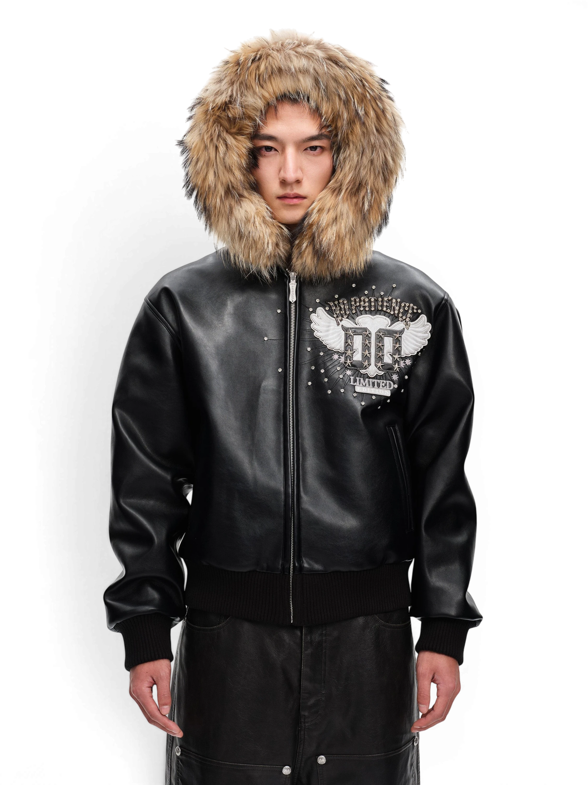 TBHNP Luminous Dawn rhinestone winged fur-hood leather jacket, black — men's gothic streetwear jacket
