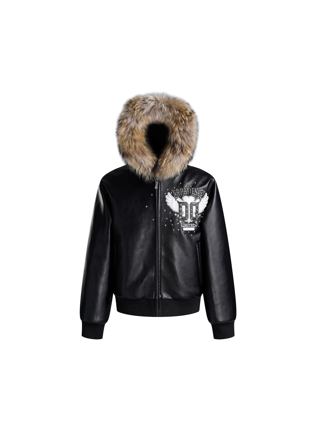 LUMINOUS DAWN RHINESTONE LEATHER PATCH HOODED ZIP JACKET