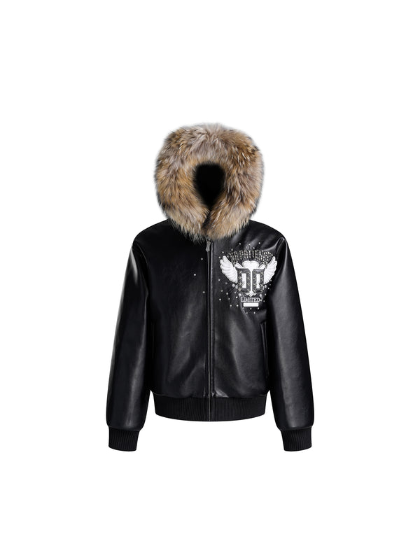 LUMINOUS DAWN RHINESTONE LEATHER PATCH HOODED ZIP JACKET