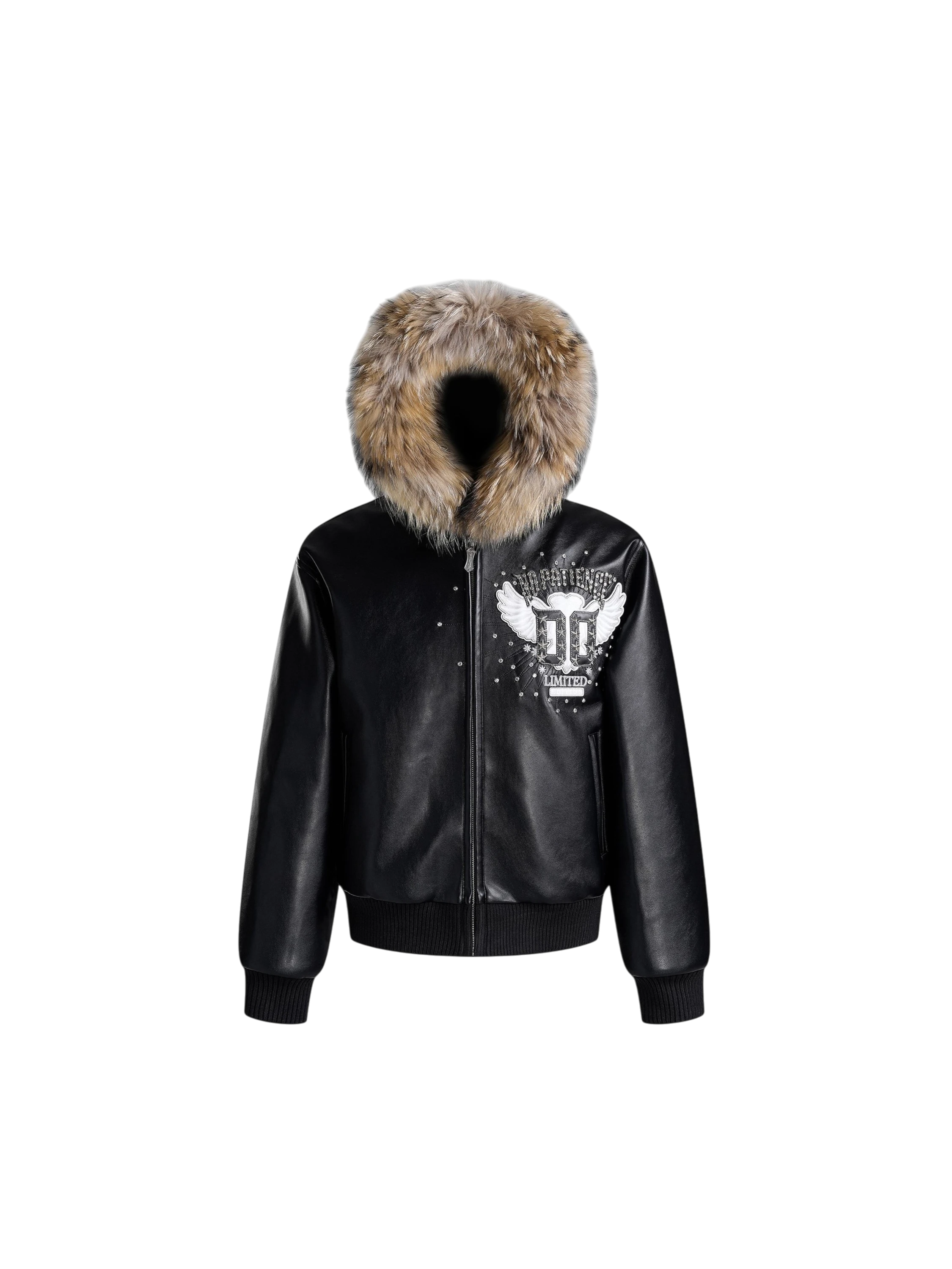 TBHNP Luminous Dawn rhinestone winged fur-hood leather jacket, black — men's gothic streetwear jacket