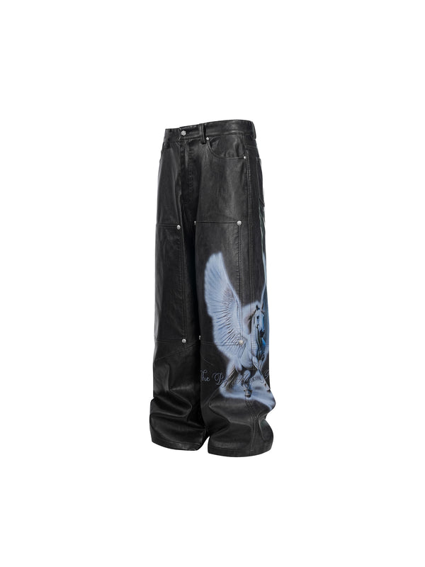 LUMINOUS DAWN KNIGHT&PEGASUS PRINTED LEATHER PANTS