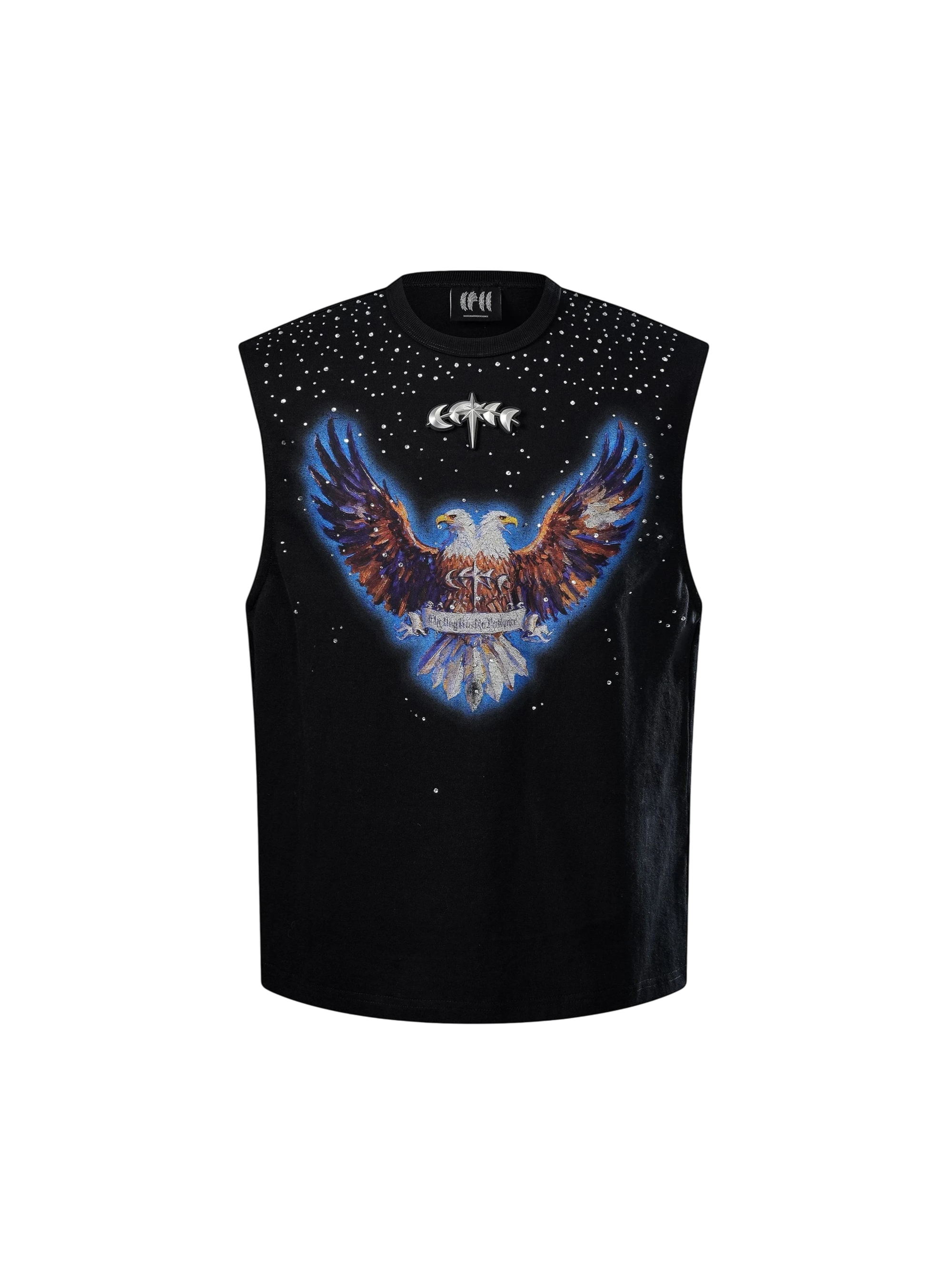 TBHNP Luminous Dawn double-headed eagle rhinestone cotton tank top, black — men's streetwear sleeveless tee