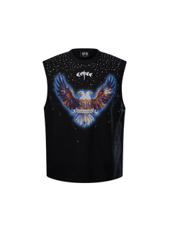 TBHNP Luminous Dawn double-headed eagle rhinestone cotton tank top, black — men's streetwear sleeveless tee