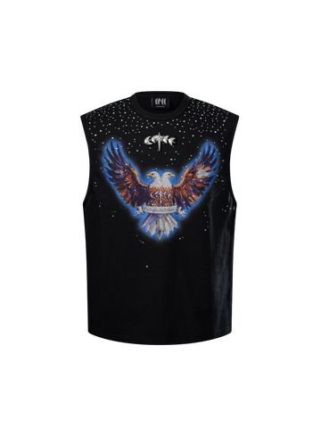 TBHNP Luminous Dawn double-headed eagle rhinestone cotton tank top, black — men's streetwear sleeveless tee