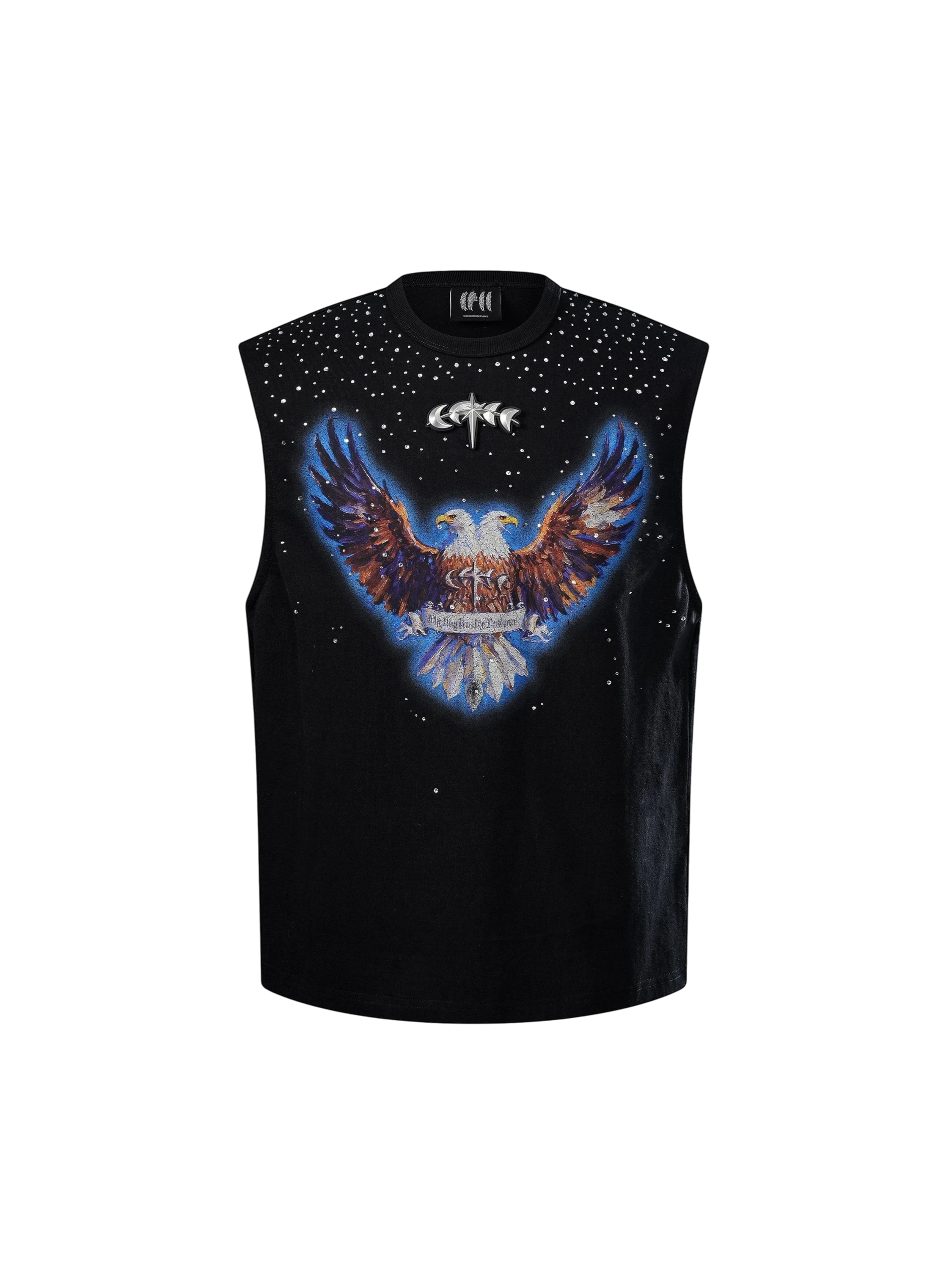 TBHNP Luminous Dawn double-headed eagle rhinestone cotton tank top, black — men's streetwear sleeveless tee