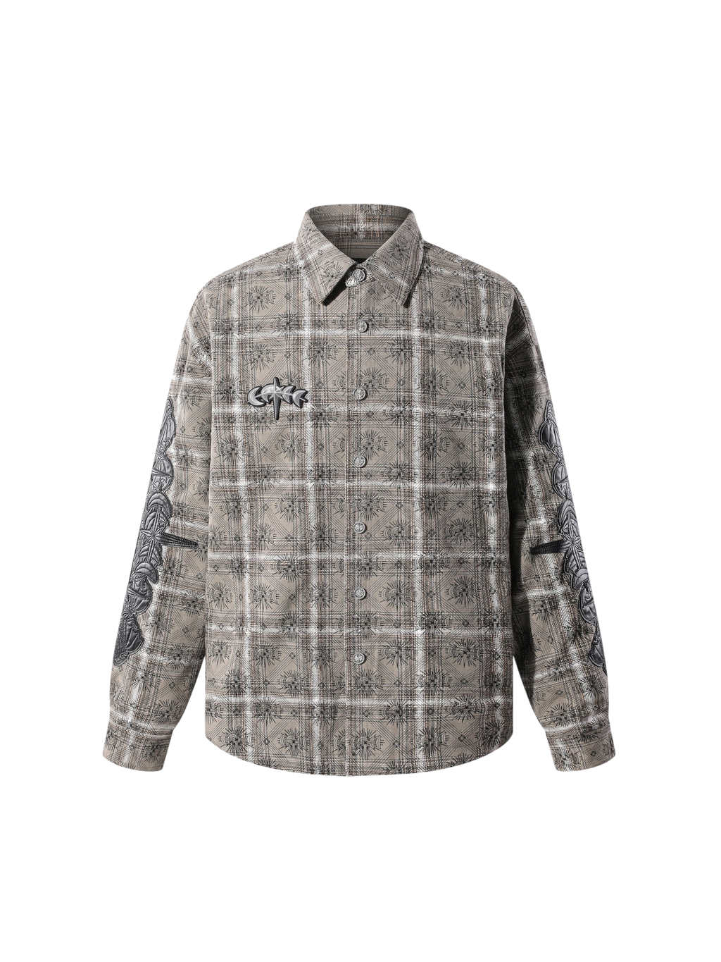 Model wearing the Greenish Yellow Starry Leather Patch Plaid Shirt, front view.