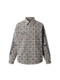 Model wearing the Greenish Yellow Starry Leather Patch Plaid Shirt, front view.