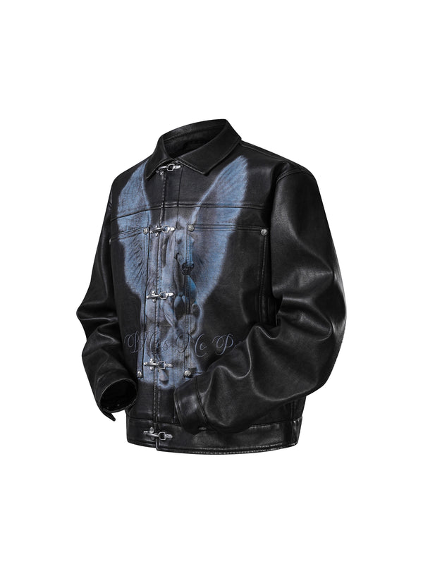 LUMINOUS DAWN KNIGHT&PEGASUS PRINTED LEATHER JACKET