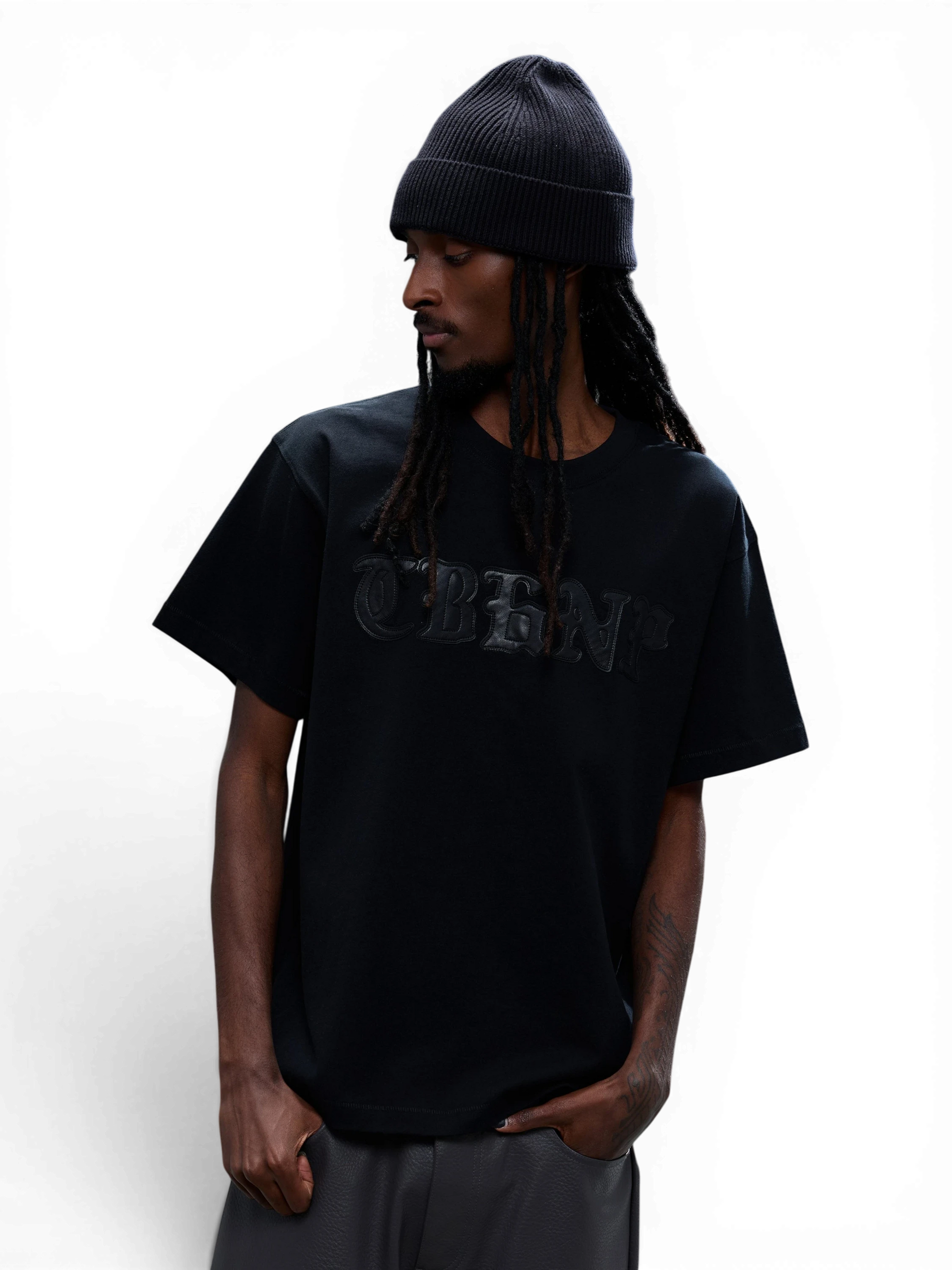 TBHNP Luminous Dawn leather patch logo cotton t-shirt, black — men's streetwear tee