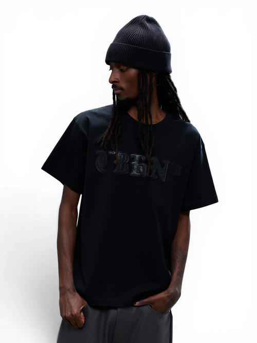TBHNP Luminous Dawn leather patch logo cotton t-shirt, black — men's streetwear tee